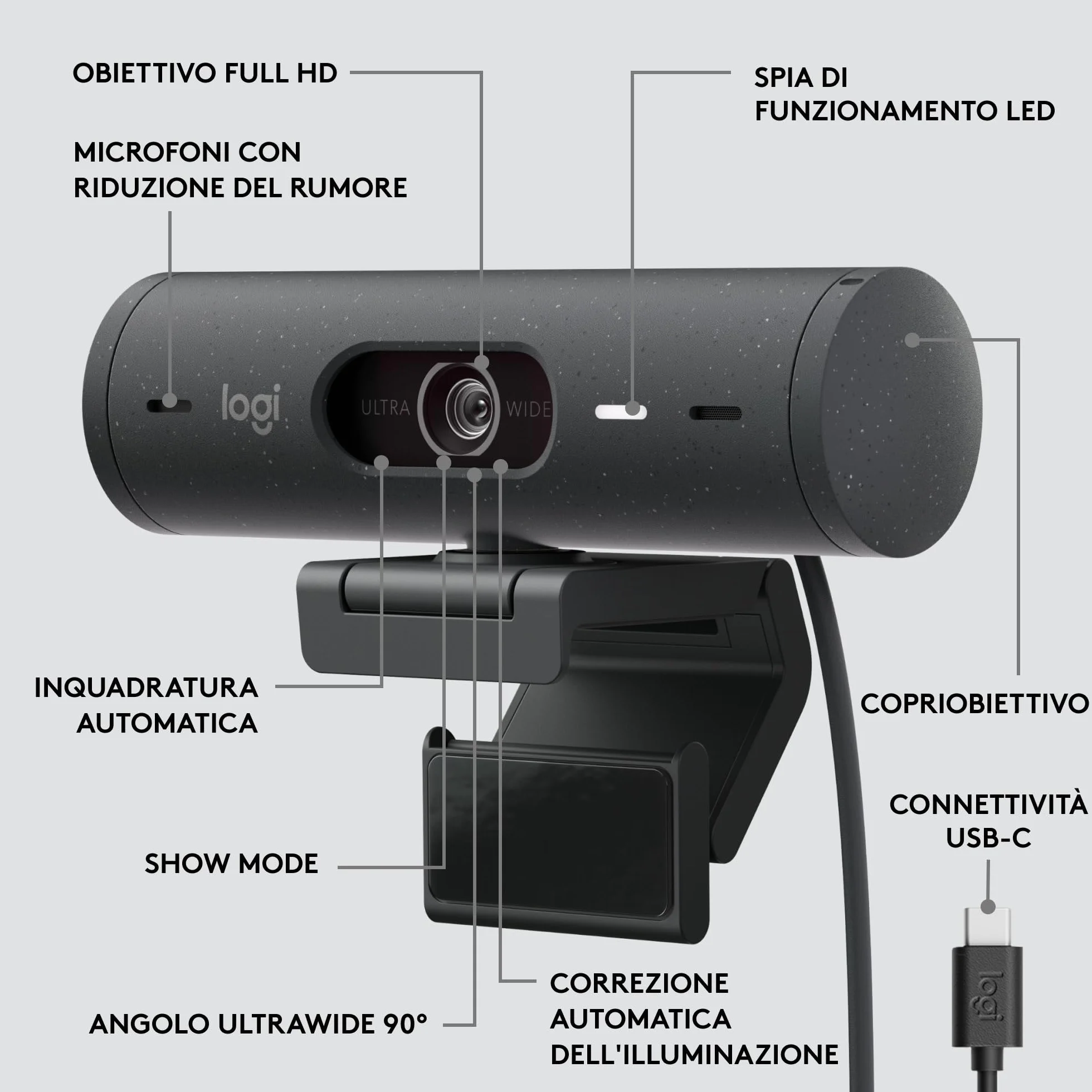 Logitech Brio 505 Webcam Full HD con correzione automatica dell’illuminazione, inquadratura, modalità Mostra, 2 microfoni con riduzione del rumore, Msft Teams, Google Meet, Zoom - Grigio
