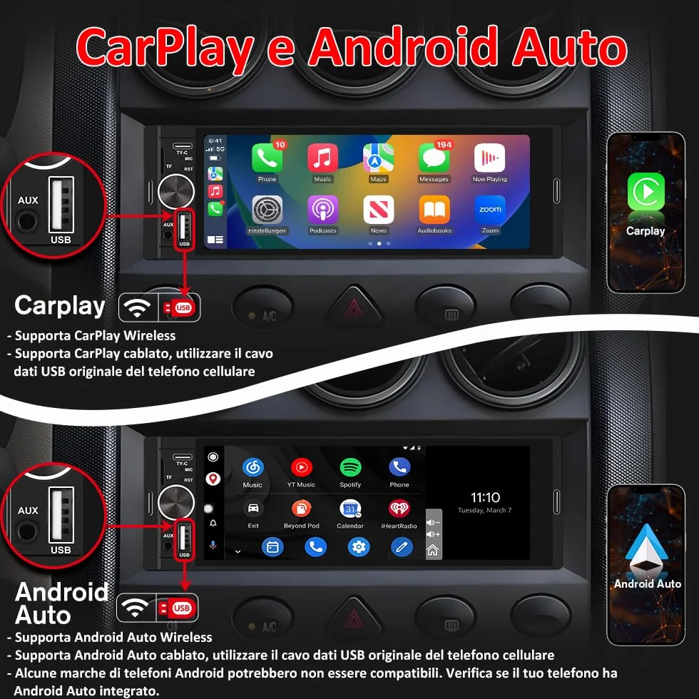 Autoradio 1 DIN con schermo Wireless CarPlay e Android Auto FM Bluetooth AUX Tipo-C Telecamera posteriore