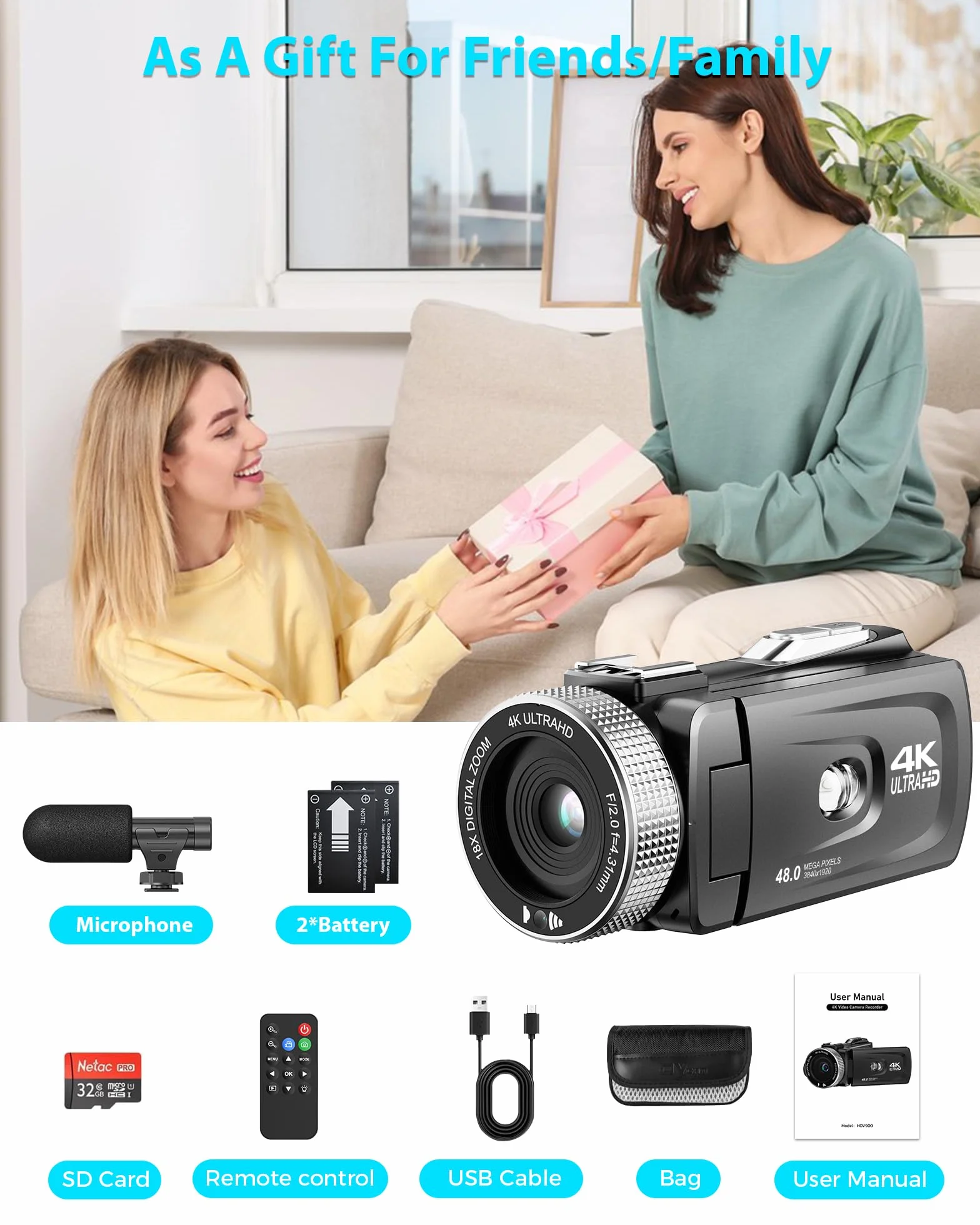 Videocamera 4K 48MP, Zoom Digitale 18X Camcorder, Vlogging Camera per YouTube, Schermo Rotante da 3,0" 270° Vlog Camera, Video Kamera con Scheda da 32 GB, 2 Batterie, Microfono, Telecomando (HDV900-2)