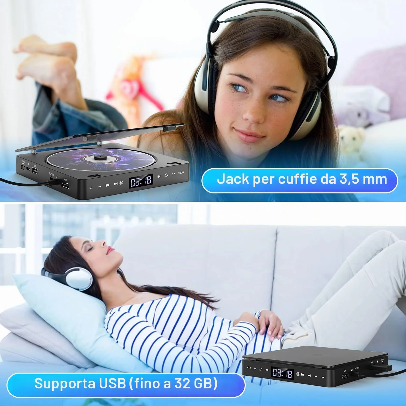 Gueray Lettore DVD per TV Tutte le regioni Free Portatile Mini DVD CD Lettore con HD 1080P HDMI/AV USB/3.5MM AUX Port, Includere Telecomando HDMI & Cavo AV (dvd-708)