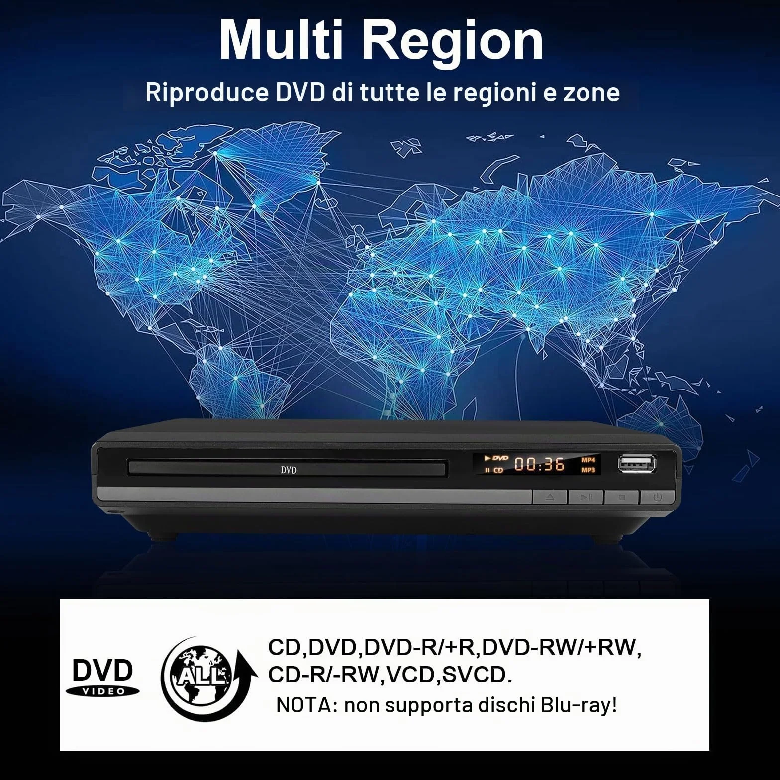 Lettore DVD HD con Porta HDMI per Smart TV | CD MP3 con Ingresso USB | Cavo HDMI e RCA Incluso | Perfetto per i Film per Famiglie (DVD-168)