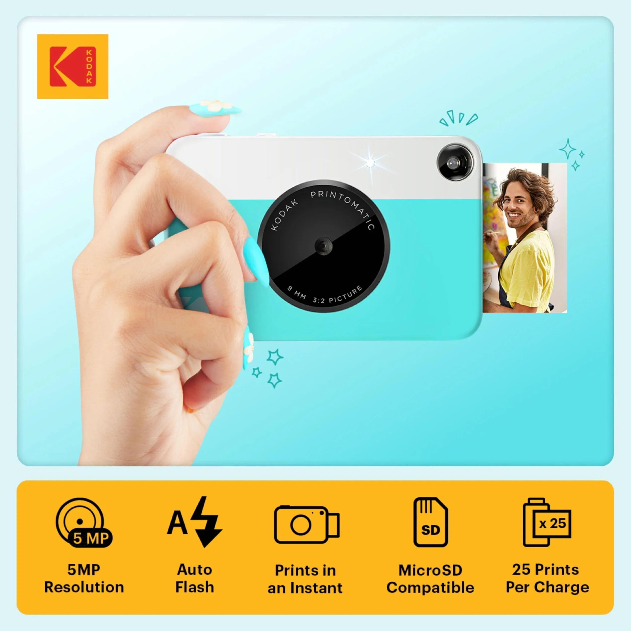 KODAK Printomatic Pacchetto iniziale per macchina fotografica a stampa istantanea a colori + Custodia morbida + Carta fotografica Zink da 20 pezzi - Foto colorate su carta adesiva 2x3" - Blu