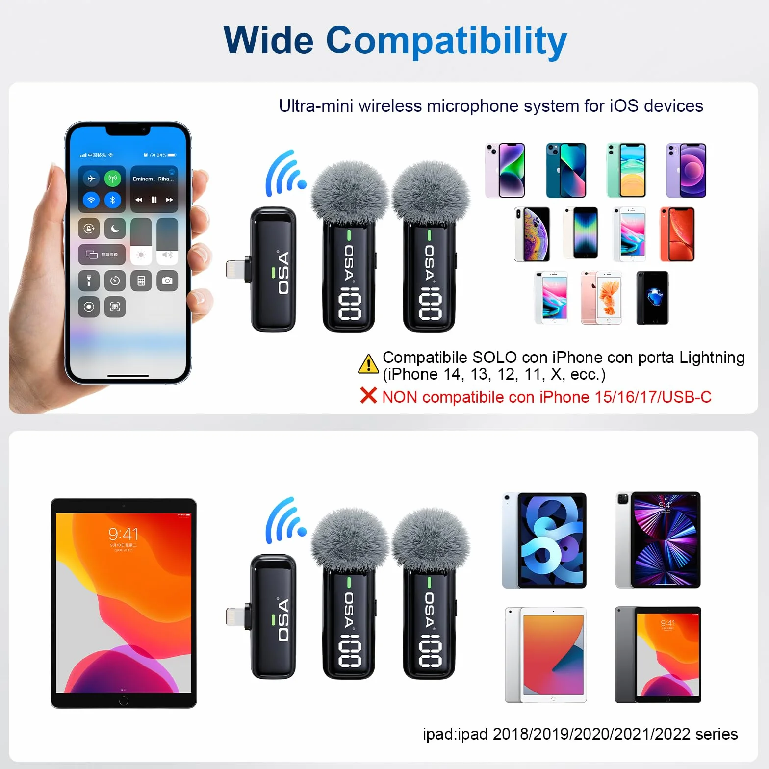 OSA Microfono Lavalier Wireless per iPhone Lightning (Fino a iPhone 14), Mini Microfono Bluetooth con Riduzione Rumore, Display Digitale, per TikTok Vlog YouTube