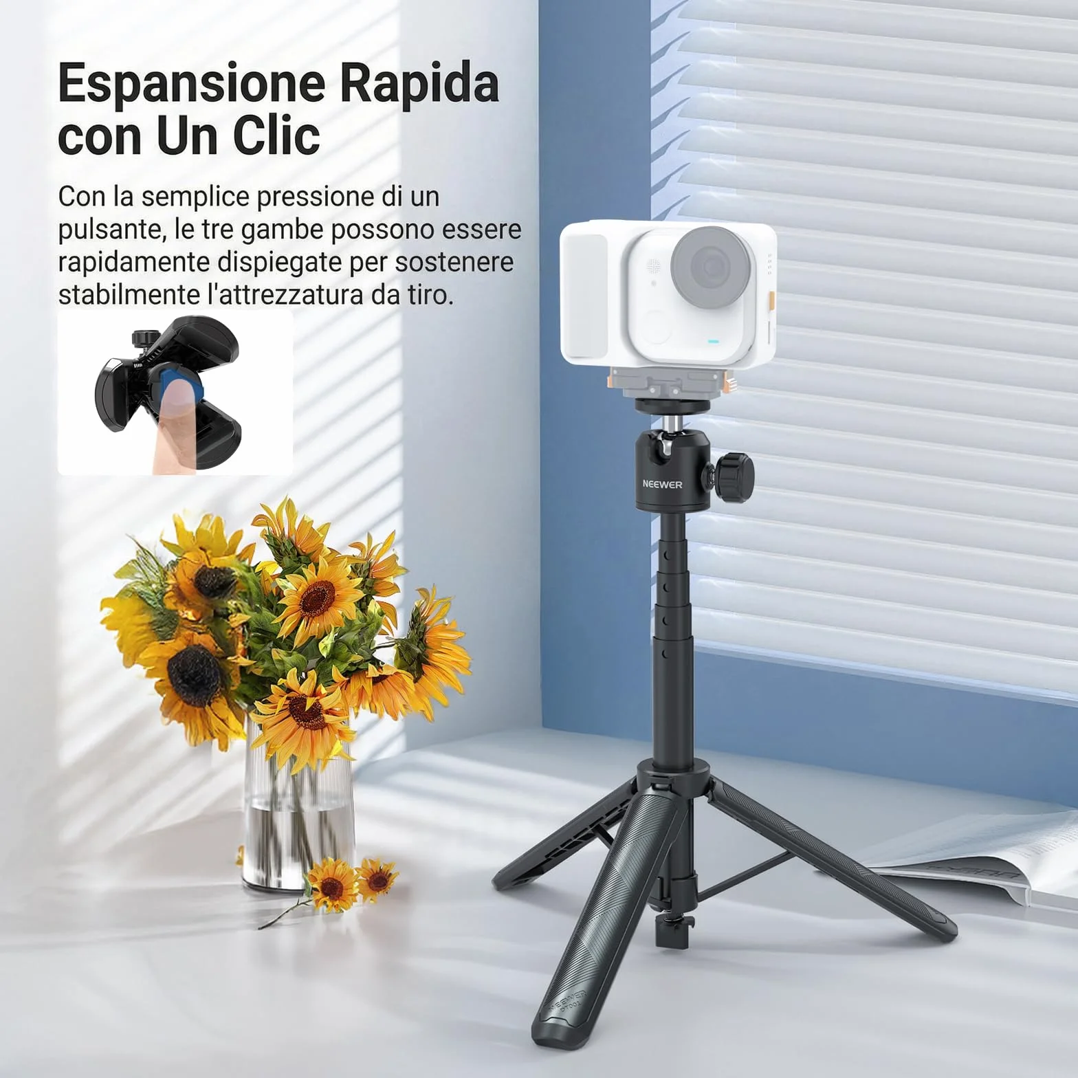 NEEWER BASICS Treppiede Selfie Stick Estensibile, Impugnatura Supporto Portatile in Metallo Compatibile con Canon G7X Mark III Sony ZV-1 RX100 VII A6400 A6600 Nikon Camera Webcam per Vlogging, DT001