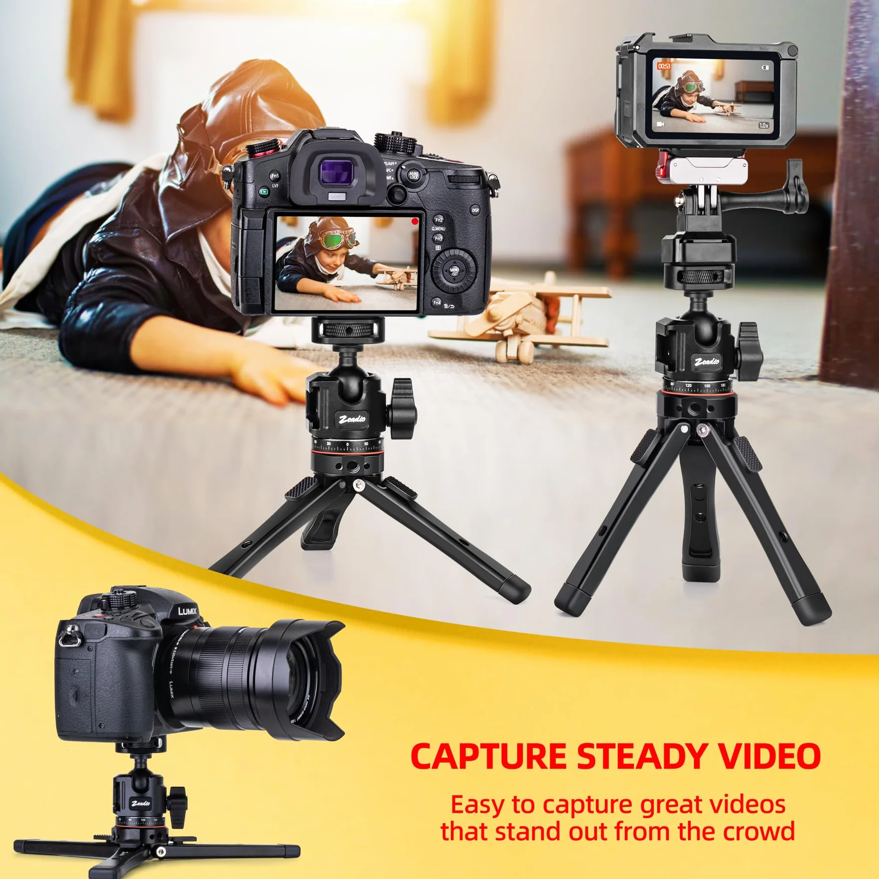 Zeadio Kit Treppiedi in Metallo Heavy Duty con Adattatore 1/4", Supporto per Telefono e Adattatore per Action Cam, Compatibile con iPhone/Android Fotocamera Gimbal Action Cam e altro