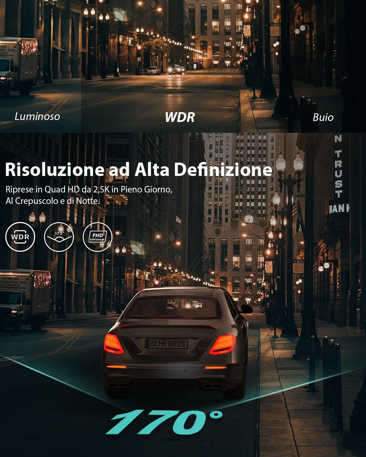 iZEEKER 2.5K Dash Cam Auto, Telecamera per Auto 1440P QHD con Scheda SD 32G, Dashcam IPS 3", Visione Notturna, WDR, Grandangolo 170°, Registrazione in loop, Sensore G, 24H Monitor di Parcheggio