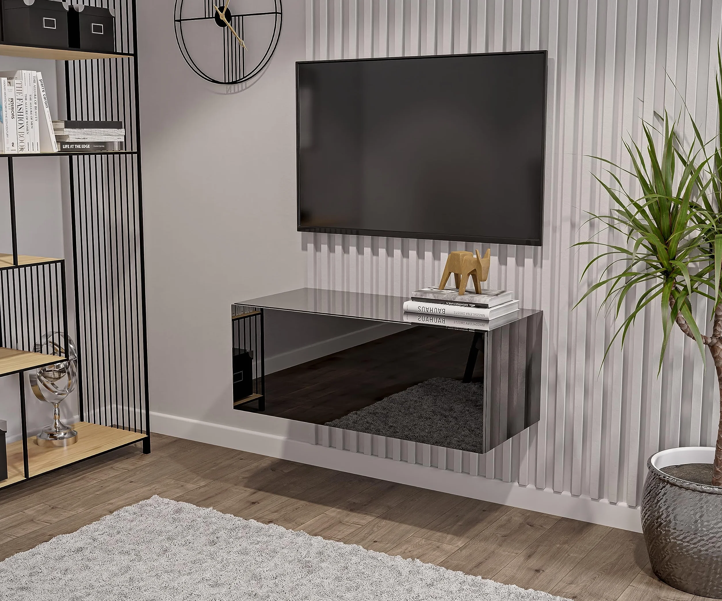 Nero Lucido Mobile TV Sospeso 90 cm Supporto tv Parete Attrezzata Soggiorno Moderno Pannello Porta TV per Camera Salotto Ingresso Moderna Armadio a Muro Credenza
