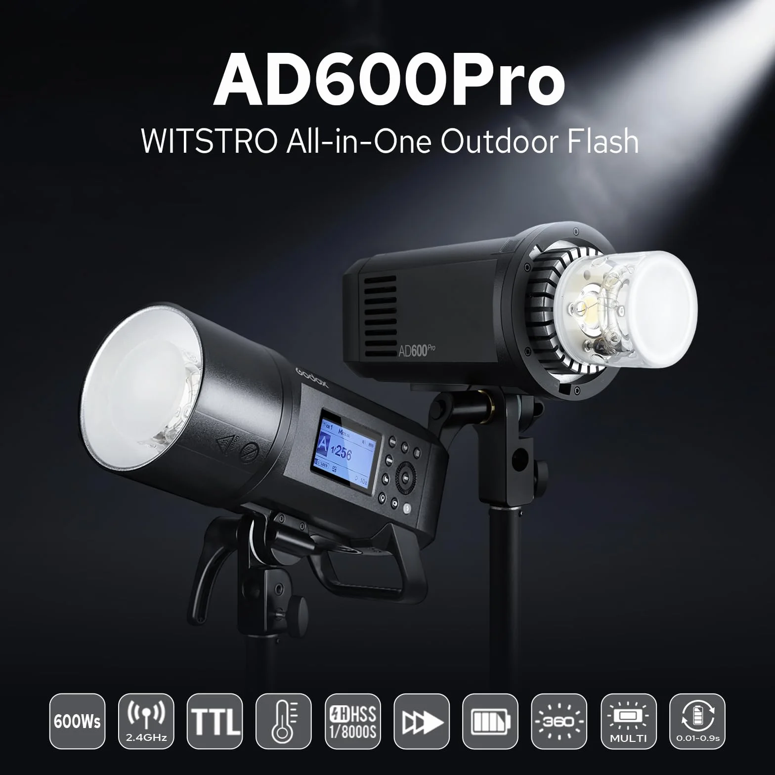 Godox AD600Pro Flash per fotocamere Canon Nikon Sony Fujifilm Olympus Panasonic, 360 flash completi, riciclo 0,01-0,9s, HSS 1/8000s 2,4G Wireless X System, 600Ws TTL Flash con batteria da 2600 mAh