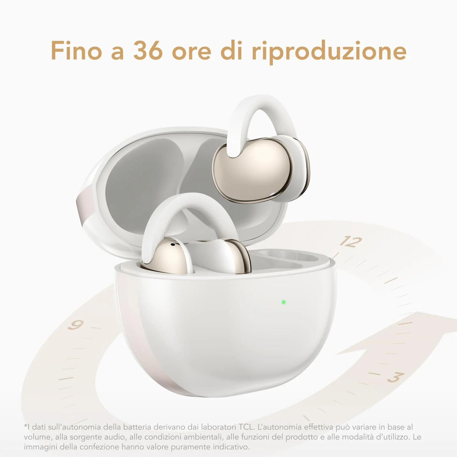 TCL CrystalClip, design a clip, miglioramento dei bassi, suono spaziale 3D, fino a 36 ore di riproduzione, Bianco lunare