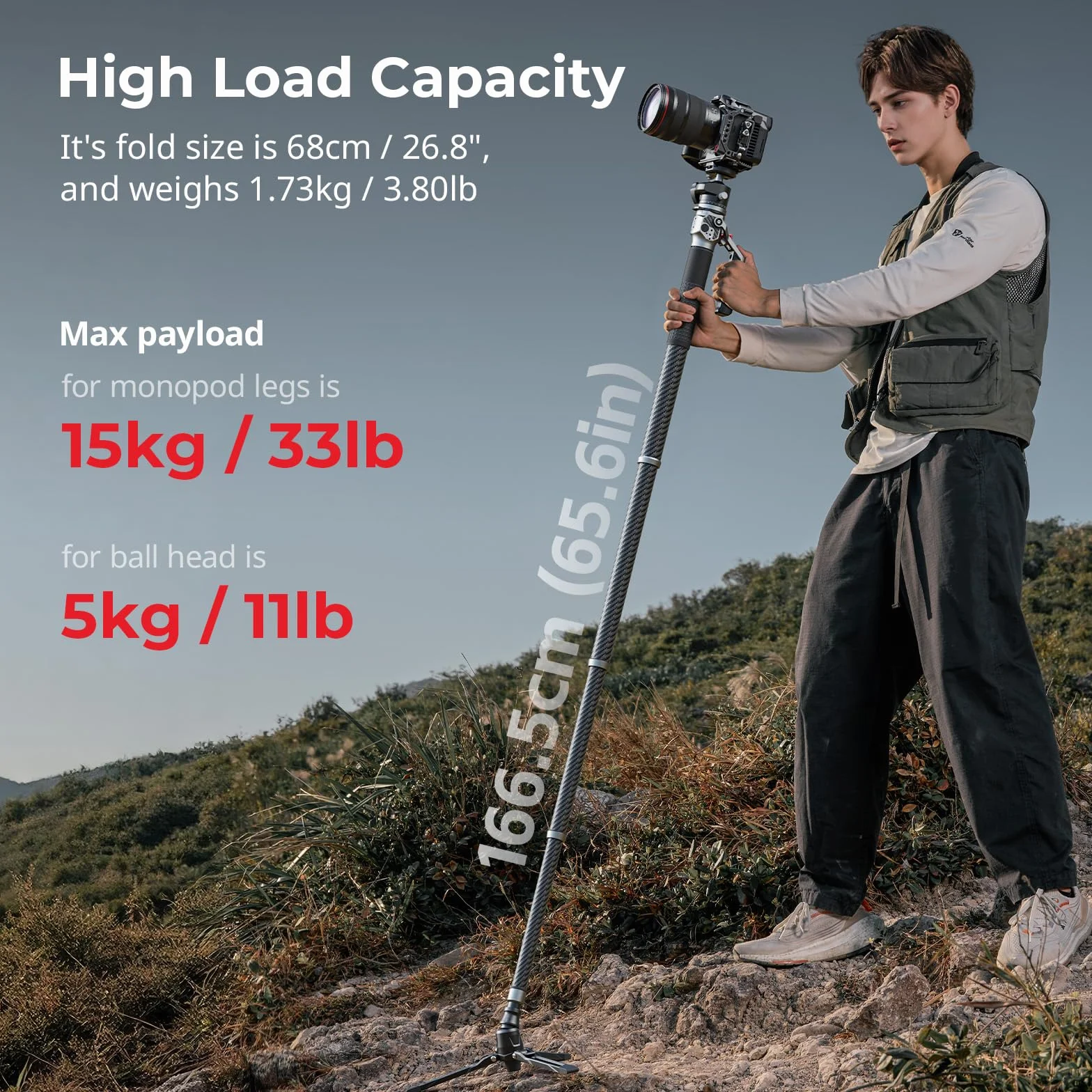 SmallRig Monopiede in fibra di carbonio da 166,5 cm / 65,6" per fotocamera, monopiede per fotocamera compatta con spazio di archiviazione di 68 cm / 26,8", con carico massimo di 5 kg - 5564