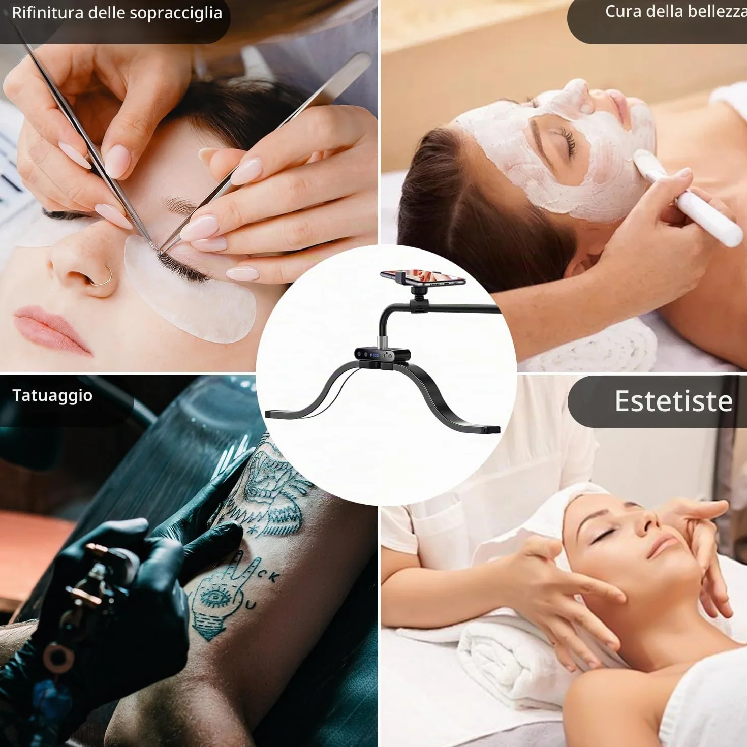 Nuvole Lampada Estetista Lampada per Extension Ciglia con Supporto per Telefono, Tatuatore, Onicotecnica – Luce Anulare LED Fredda-Luce Calda con Luminosità e Altezza Regolabili Lampad Estetista