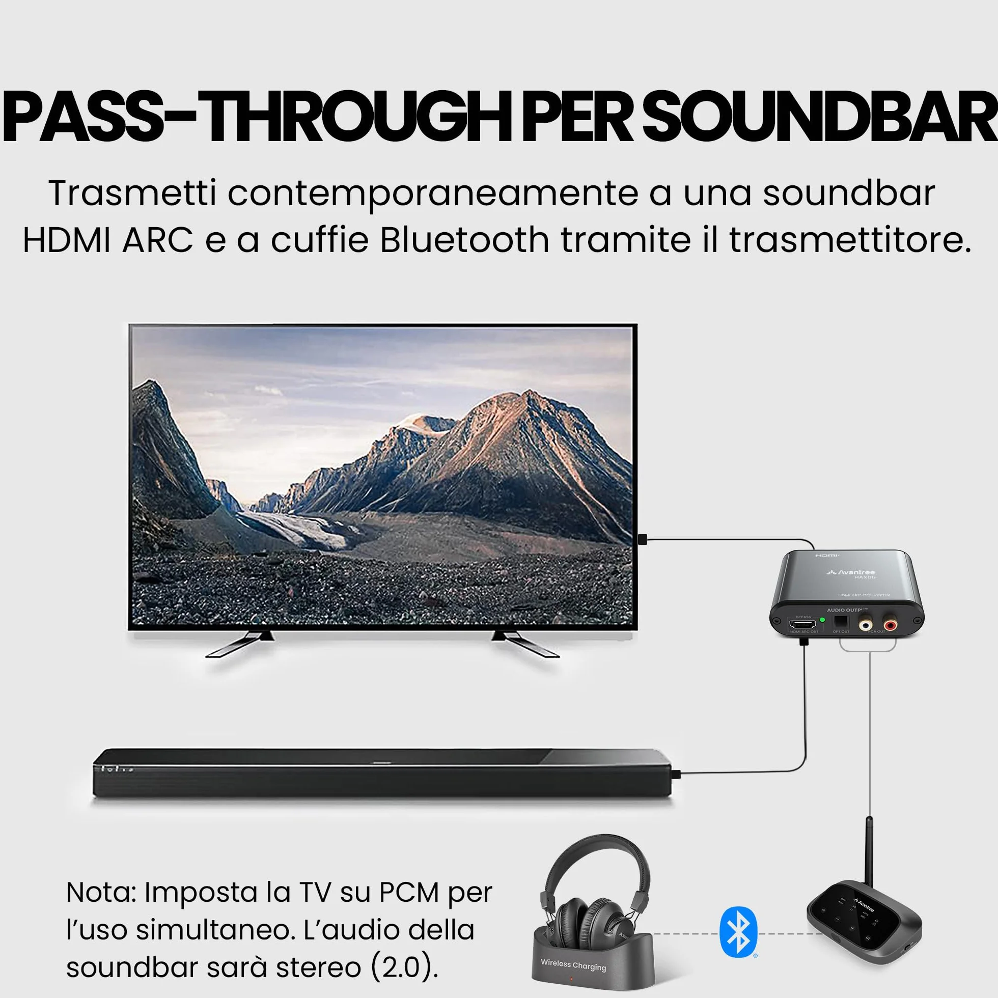 Avantree HAX06 – Estrattore audio HDMI ARC con passthrough per uso simultaneo con TV, soundbar e cuffie, uscite ottiche e RCA