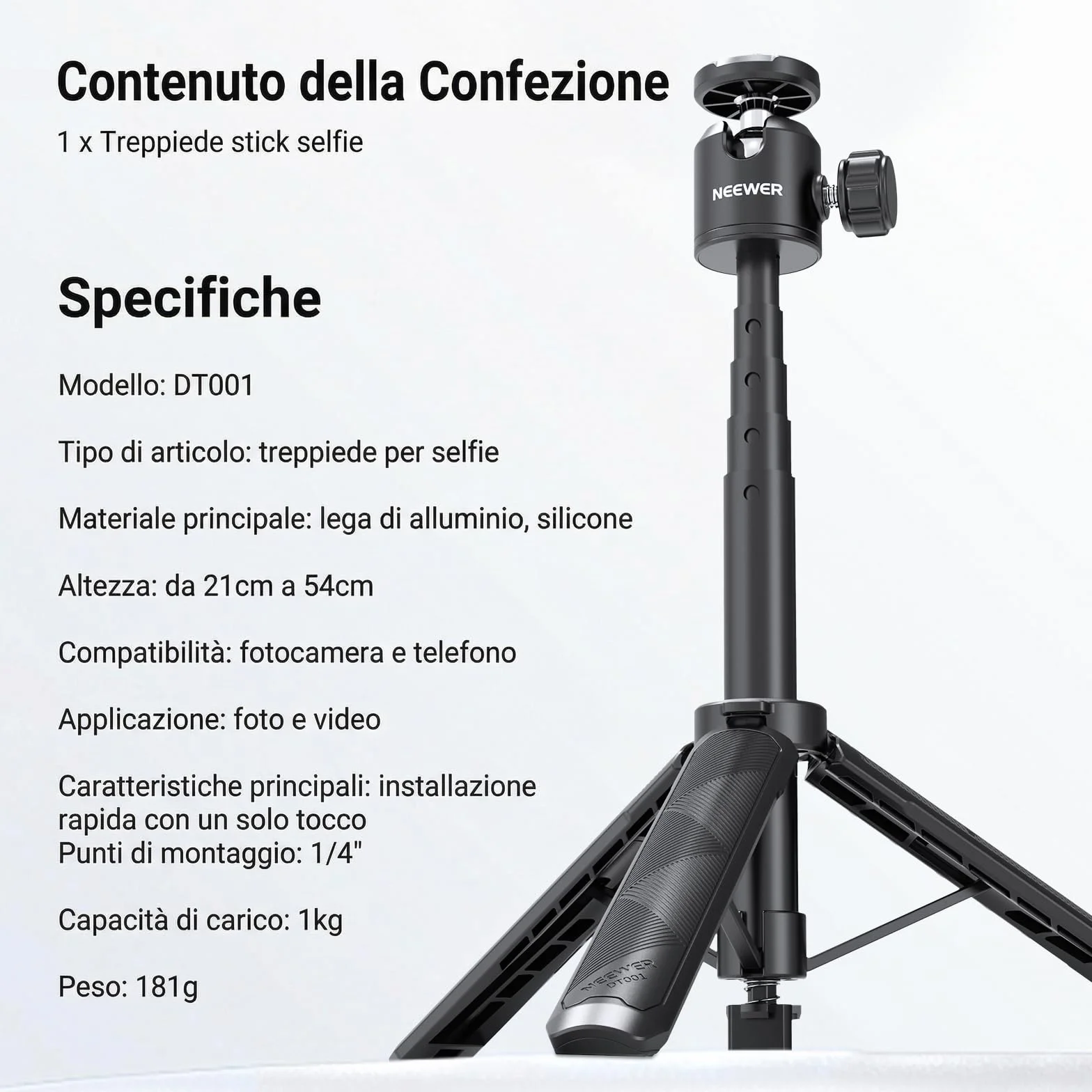 NEEWER BASICS Treppiede Selfie Stick Estensibile, Impugnatura Supporto Portatile in Metallo Compatibile con Canon G7X Mark III Sony ZV-1 RX100 VII A6400 A6600 Nikon Camera Webcam per Vlogging, DT001