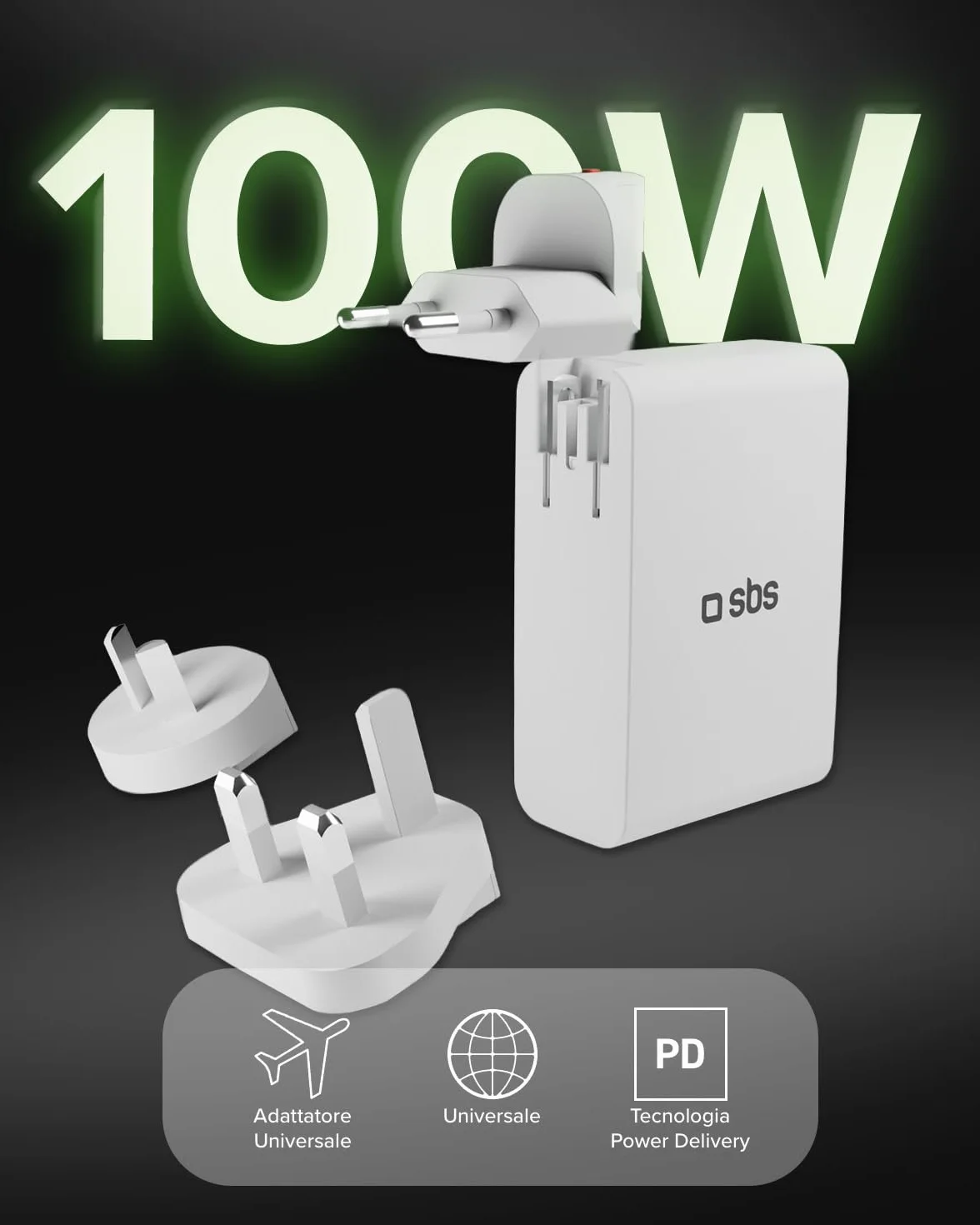 SBS Travel Adapter USB-C 100W, Caricatore da Viaggio con Spine US/UK/EU/AU | Convertitore Adattattore 4 porte USB, Power Delivery (PD), Ricarica Rapida per iPhone, Android, MacBook e Notebook, Bianco