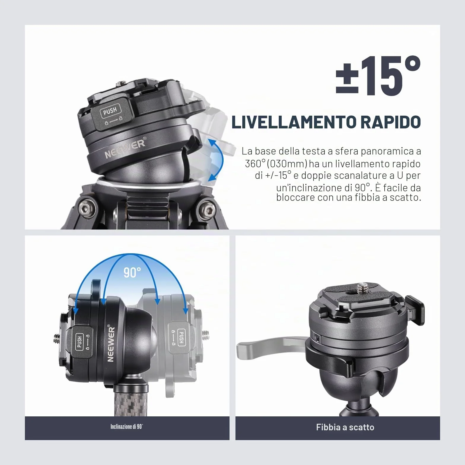 NEEWER Treppiede da Viaggio 62" Fibra di Carbonio con Livellamento ±15°Testa Pan 360°, Colonna Centrale Staccabile, Rilascio Rapido Arca Compatibile con Peak Design Piastra Treppiede Capture V3,TP62