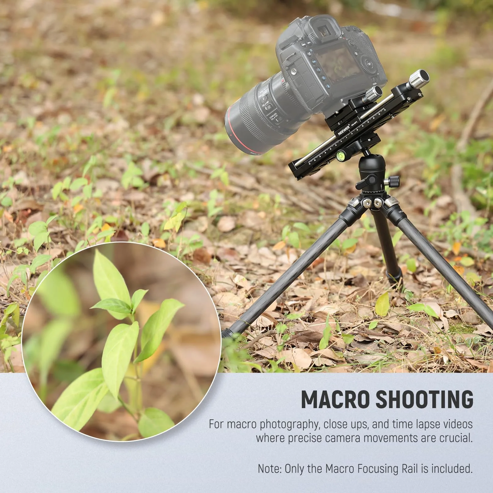 NEEWER Guida di Messa a Fuoco Macro 140mm, Slider di Binario Macro Girevole a 360°, Blocco a 4 Direzioni, Piedini Retrattili, Piastra QR Acra, Vite 1/4" e 3/8" per Fotografia Macro Primi Piani, GM-MP2