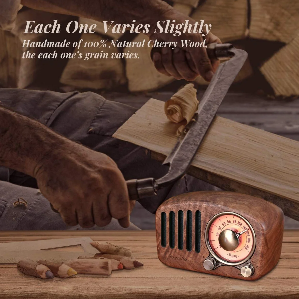 Prunus R-919 Radio Portatile FM Bluetooth Vintage Legno Ricaricabile TF Card AUX