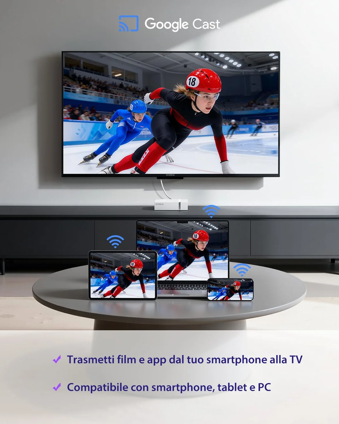 STRONG LEAP-S3+V2 Streaming Smart TV Box 4K UHD – 2GB RAM + 16GB Memoria, HDR10+ & Dolby Vision, WiFi 5 & BLE 5, Porta Ethernet (RJ45), Assistente Vocale, Bianco