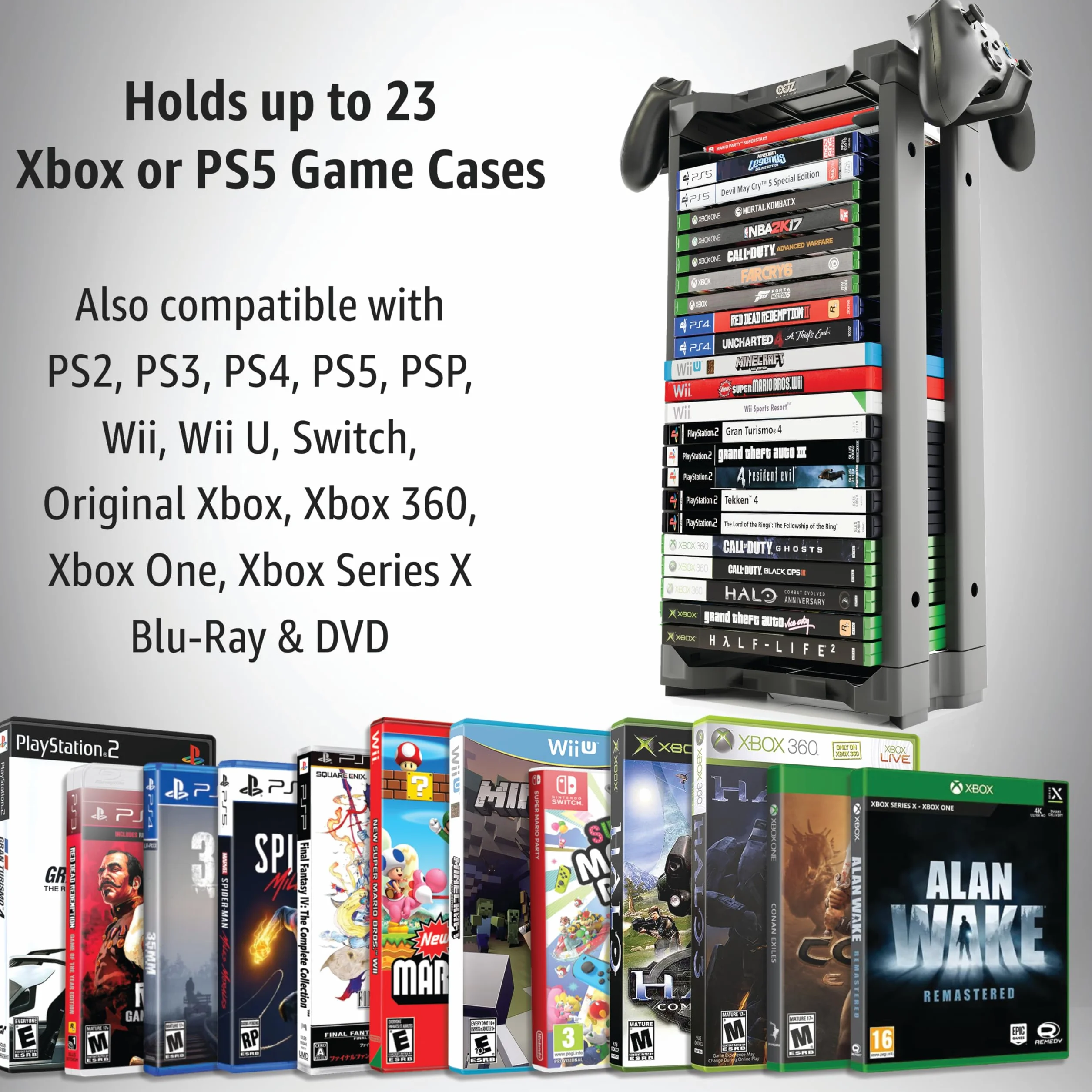 ADZ Universal Game Holder – 23 Ripiani per Archiviazione Giochi per PS2 PS3 PS4 PS5 PSP Xbox 360 Xbox One Series X Wii Switch Giochi DVD e Dischi Blu-Ray. Include 2 Supporti per Controller