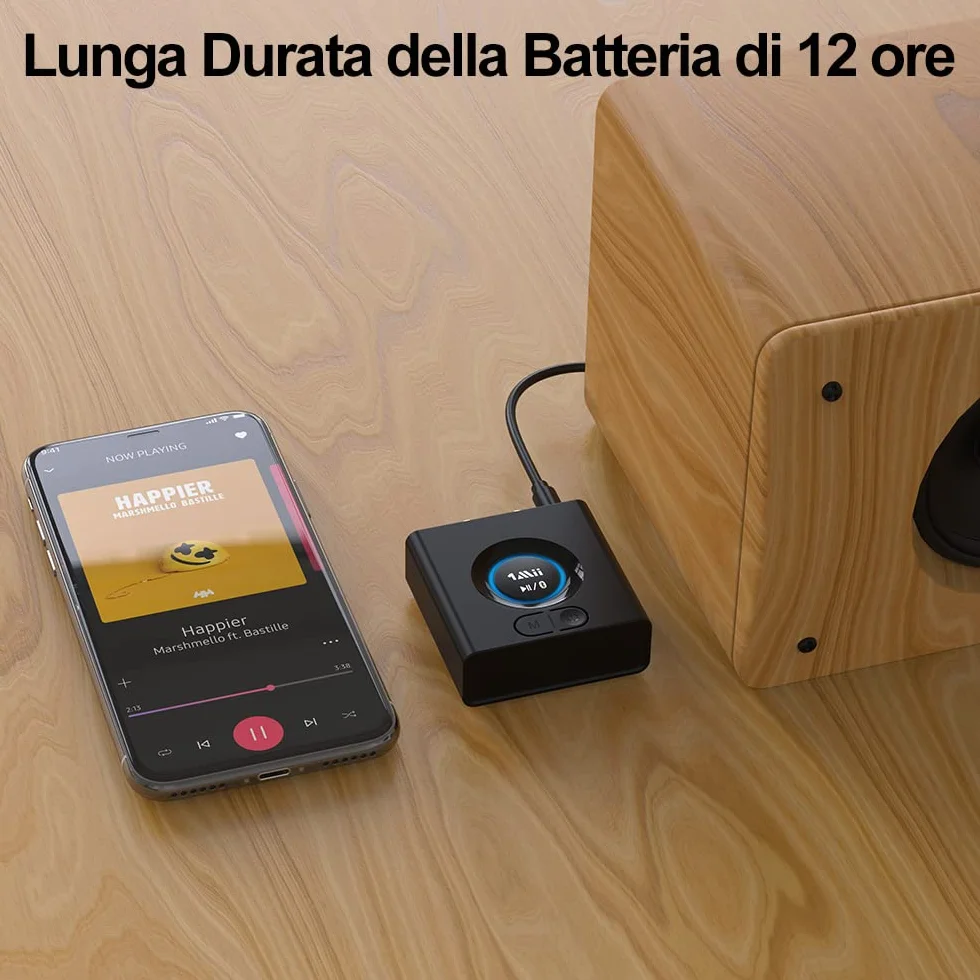 1Mii Ricevitore Bluetooth HiFi, Adattatore Audio Bluetooth 5.1 RCA/AUX 3,5mm Jack con Batteria da 12 Ore, con Modalità Bassi, Bassa Latenza per Impianto Stereo, Amplificatore, Casse Attive- ML200