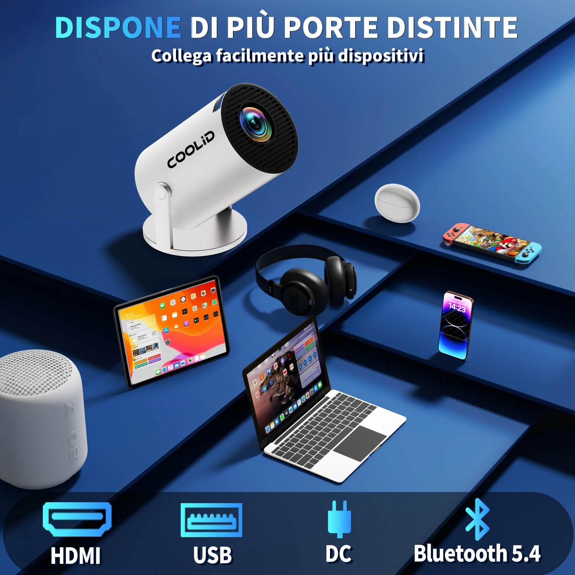 Mini Proiettore [App Integrata & 2026 Upgraded] Proiettore Portatile 4K 1080P con 5G WiFi 6 e BT 5.4 Supporta Rotativo 180° Correzione Trapezoidale Automatica Applicabile TV Stick/USB/HDMI,Bianco