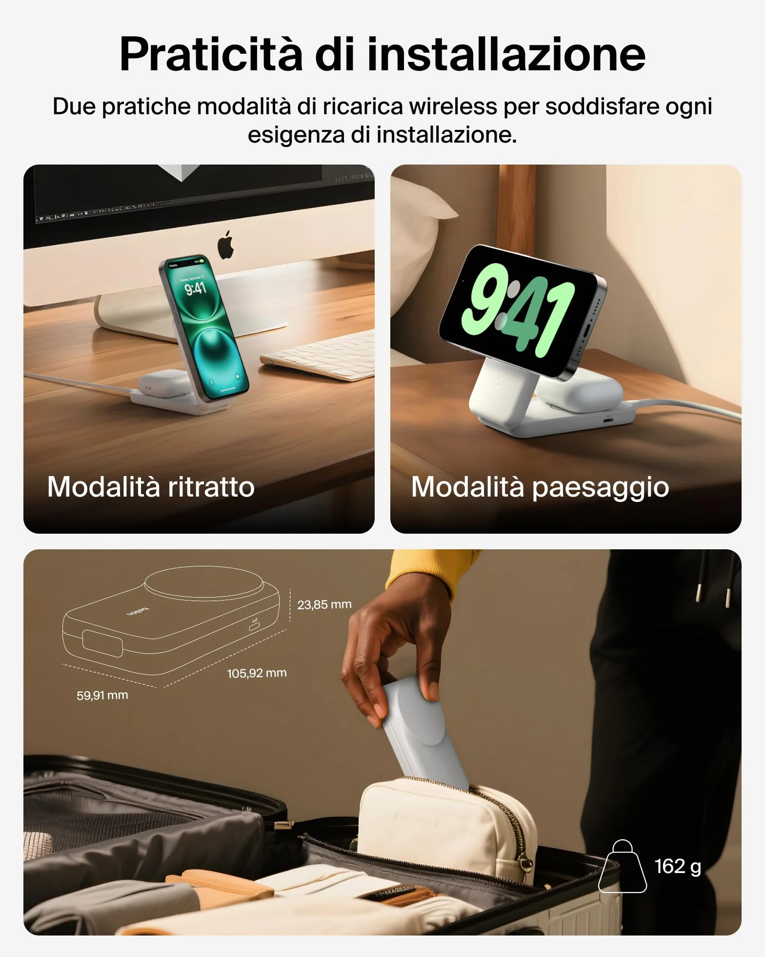 Belkin UltraCharge Caricatore iPhone Qi2, Stazione di Ricarica Wireless 2 in 1 25W, Caricatore Wireless Compatibile con MagSafe per iPhone, AirPods, Pixelsnap con Porta USB-C e Adattatore 45W, Bianco