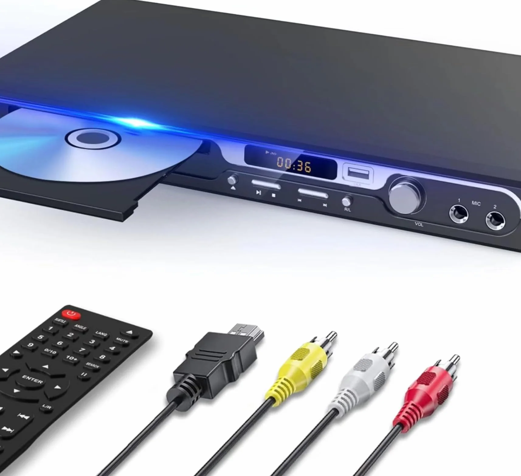 Maite Lettore DVD HD 1080P per TV, HDMI con doppio ingresso per microfono, region free, supporto ingresso scheda USB/SD, uscita HDMI/AV, pulsante in metallo e suono Dolby