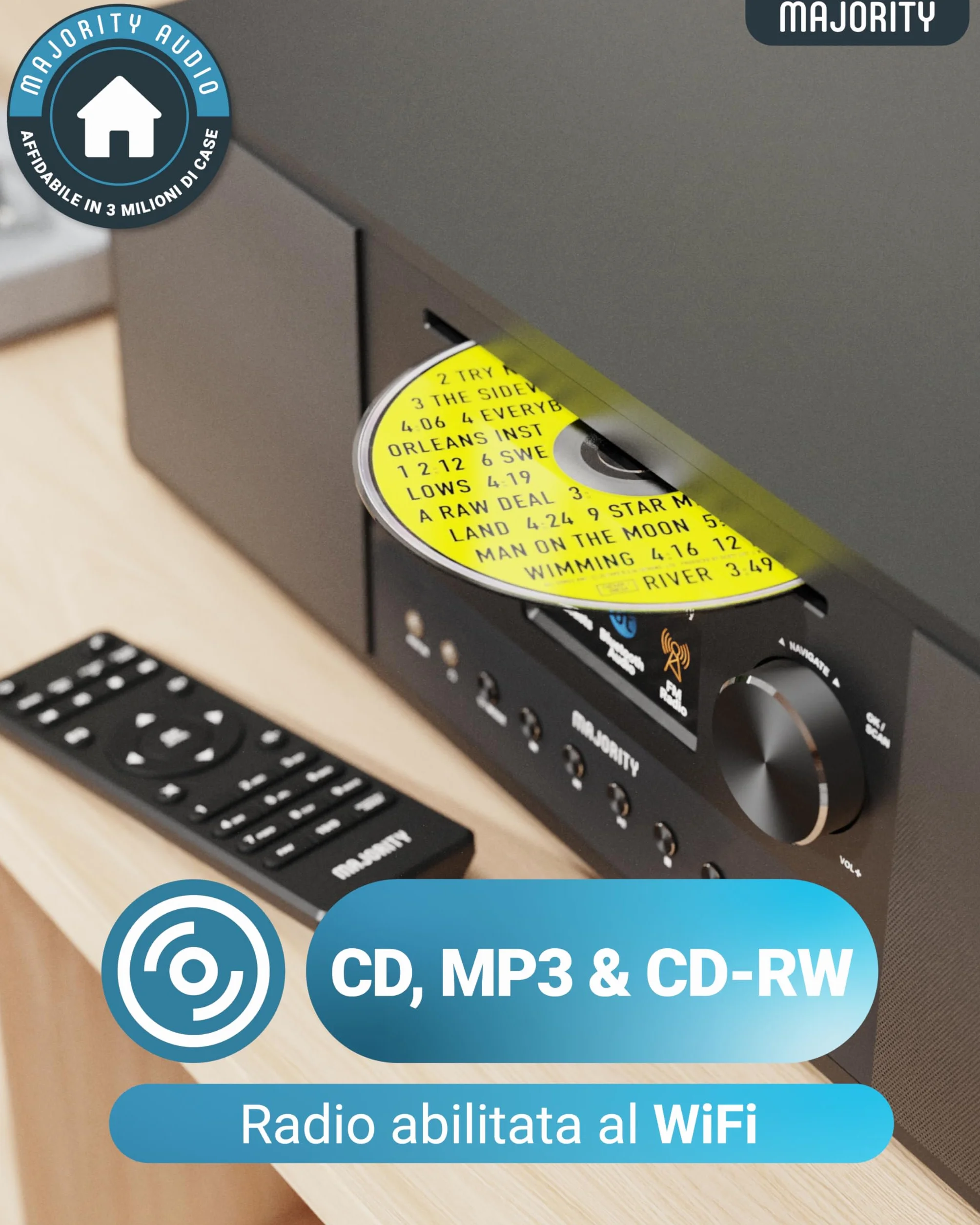 Majority Quadriga Internet Radio Lettore CD Hi Fi DAB+ Impianto Stereo Casa 120W 2.1 Bluetooth Wifi Spotify Connect