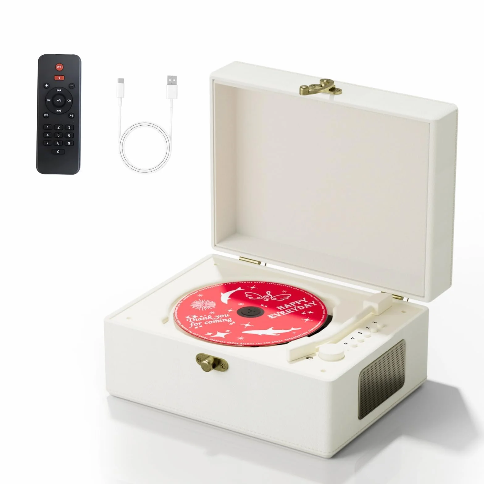Yintiny Rechargeable Leather CD Player with Speakers; Bluetooth Transmitter; Festival Gift; BGM Player for Home Décor (White)