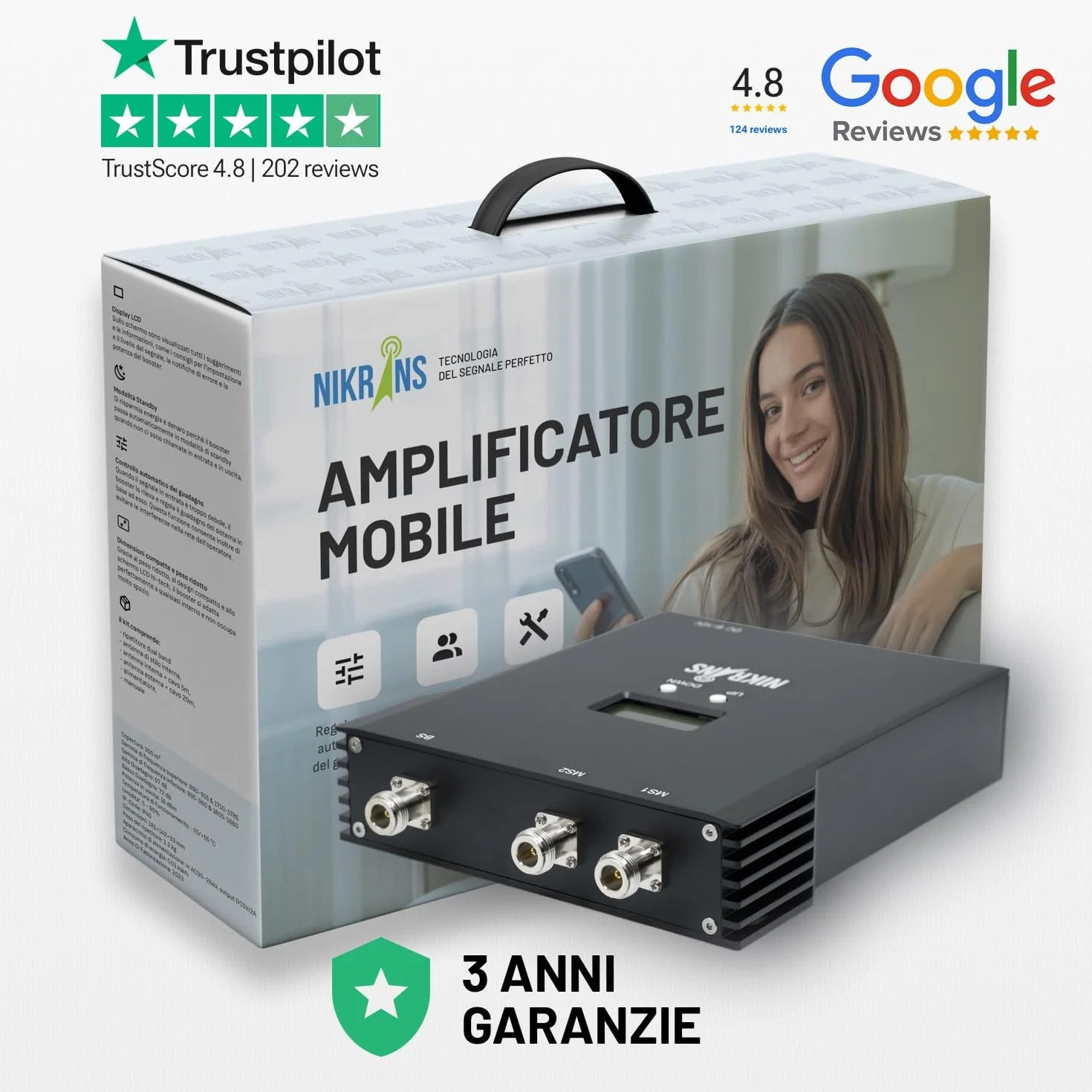 Amplificatore Segnale Cellulare Banda 1/3/8 (900/1800/2100 MHz) - Ripetitore Segnale Cellulare per Operatori Europei Tre, TIM, Vodafone, Iliad - Amplificatore Data & Call Casa/Ufficio