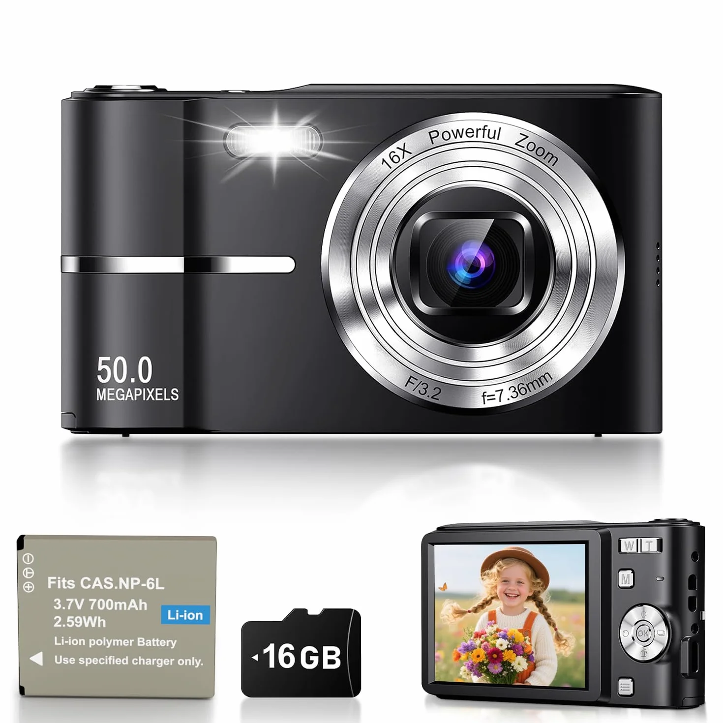 Macchina Fotografica Bambini 50MP 1080P, Autofocus, Schermo 2,4", Zoom Digitale 16X, Anti-Shake, Nero Vlogging Compatta Digital Camera per Ragazzi, Bambini, Studenti e Principianti con Scheda 16GB