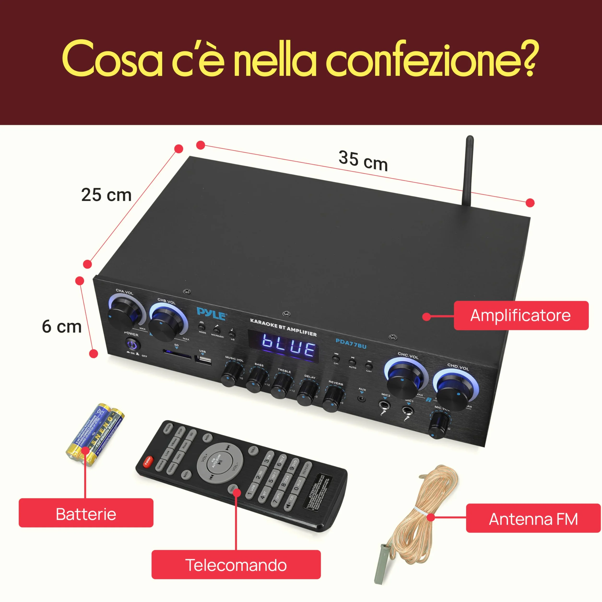Pyle Amplificatore Audio 4 Canali Bluetooth 800 Watt Picco Home Theater Karaoke