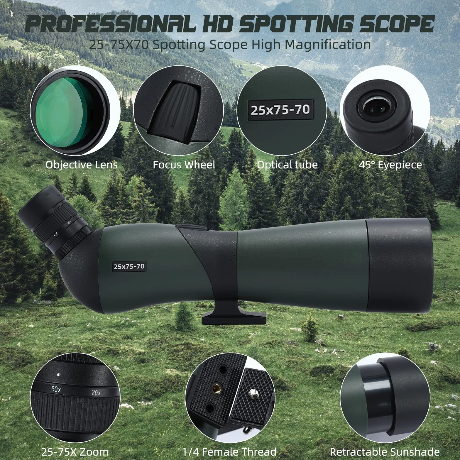25-75x70 Cannocchiale con Treppiede, Borsa per il Trasporto e Adattatore per Smartphone - Cannocchiale Monoculare Impermeabile per Birdwatching, Tiro a segno, Tiro con Arco, Caccia
