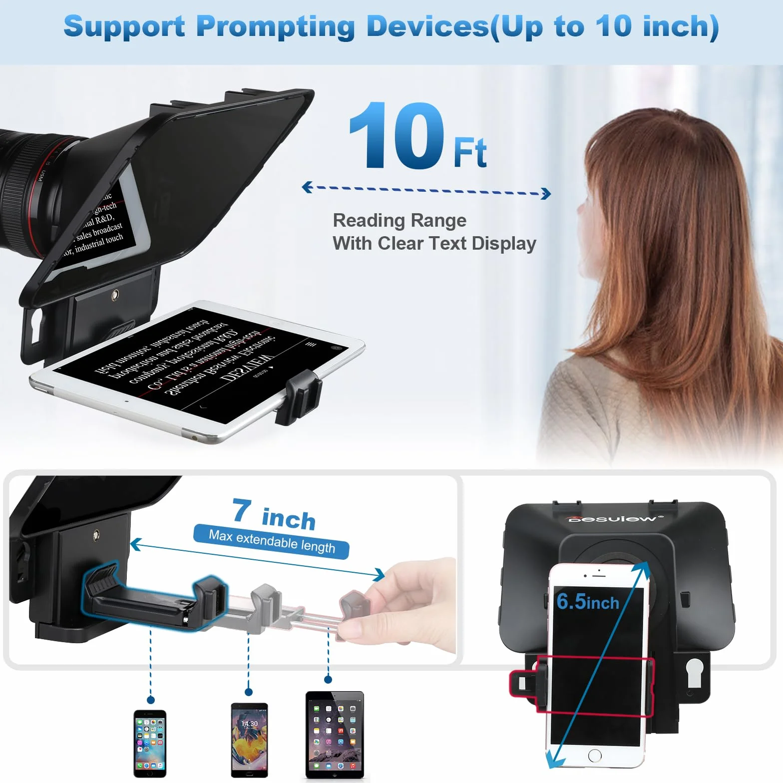 Desview T3 Teleprompter per Tablet Smartphone iPad fino a 11 pollici, 70/30 Beam Splitter Vetro, Teleprompter con Telecomando per fotocamera DSLR Obiettivo Grandangolare Registrazione Video