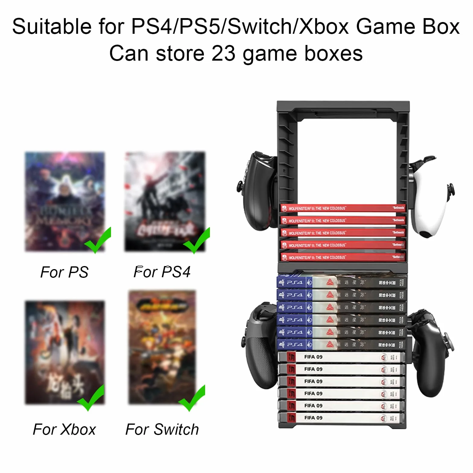 Torre di archiviazione universale per gioco e dischi Blu-Ray, scaffale per PS5/PS4/Xbox Series X/Xbox One/NS, con 24 gioco e 4 supporti per controller