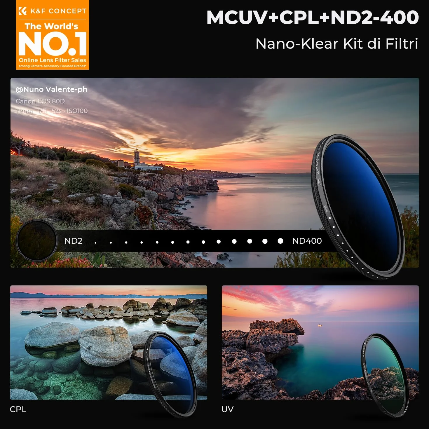 K&F CONCEPT Nano-Klear 82mm Kit Filtri, Filtro UV + CPL + ND2-400, Filtro di Protezione MCUV + Polarizzatore + Densità Neutra ND2-400 con Custodia per Filtro