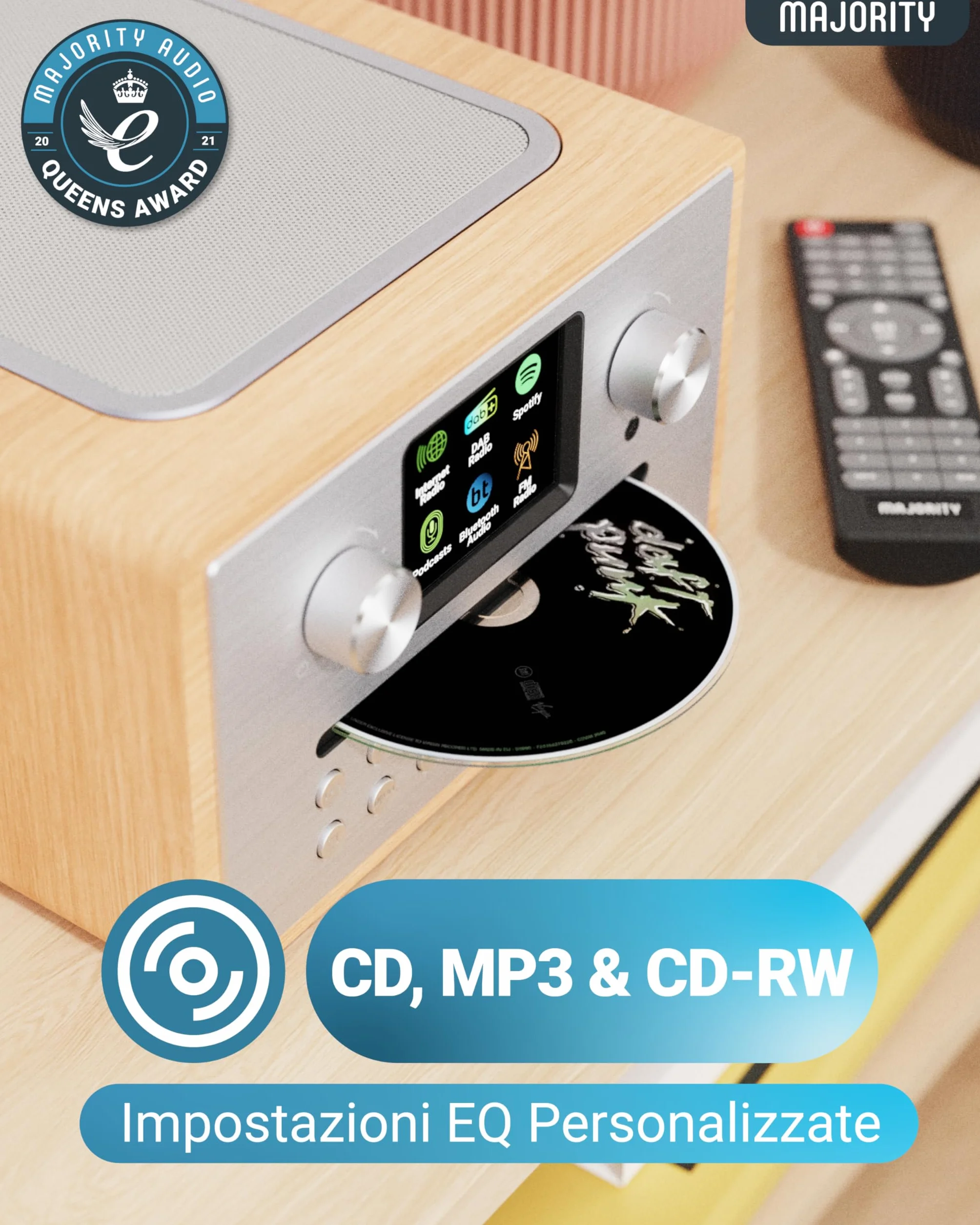 Majority Homerton 2 Internet, DAB, radio FM e lettore CD | 40 preset radio | Plug and Play universale | Spotify & Podcast | Radio Dab con Bluetooth, radio Wi-Fi, radio Internet | Oak