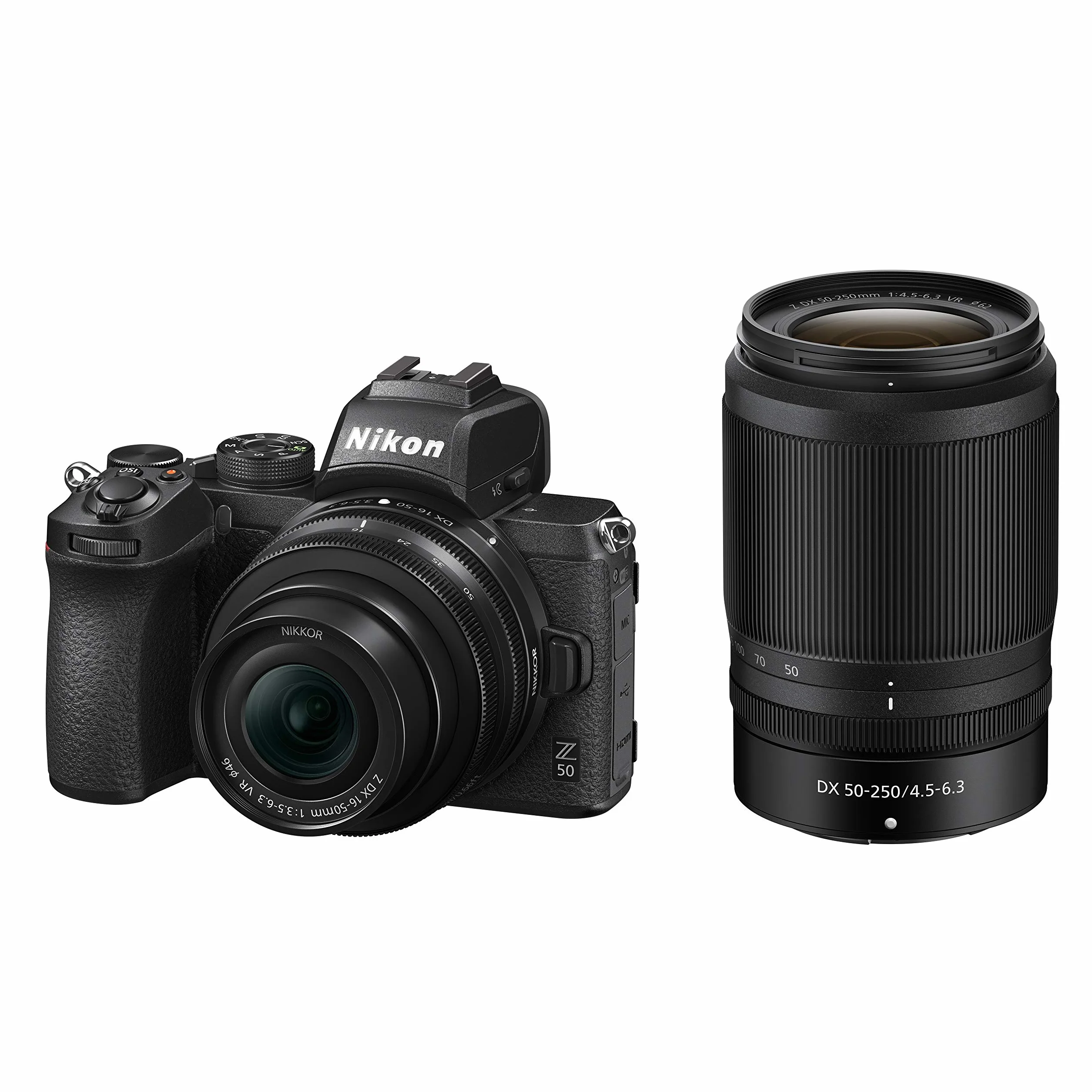 Nikon Z50 + Z DX 16-50VR+50-250VR+ Lexar SD 64GB Fotocamera Mirrorless, CMOS DX da 20.9 MP, sistema Hybrid-AF, Mirino elettronico (EVF), LCD 3,2" touch, Video 4K, Nero [Nital Card: 4 Anni di Garanzia]