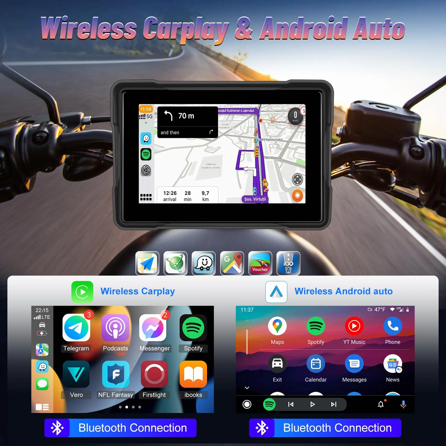 Schermo CarPlay Portatile 5" IP67 Android Auto Touch Screen Impermeabile Doppio Bluetooth GPS