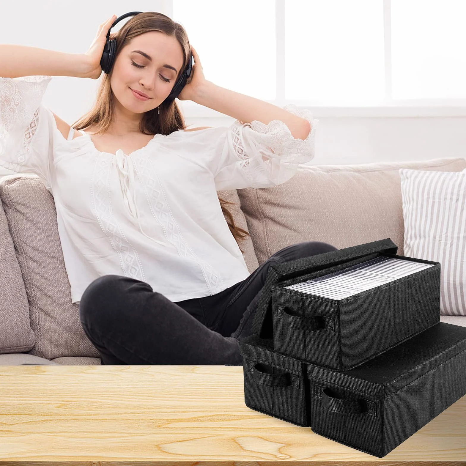 Confezione da 3 Scatola Archivio CD, contenitori impilabili per CD Oggetti con Coperchio Pieghevoli Scatole Portaoggetti con Manici, per Guardaroba, Armadio, Scaffali