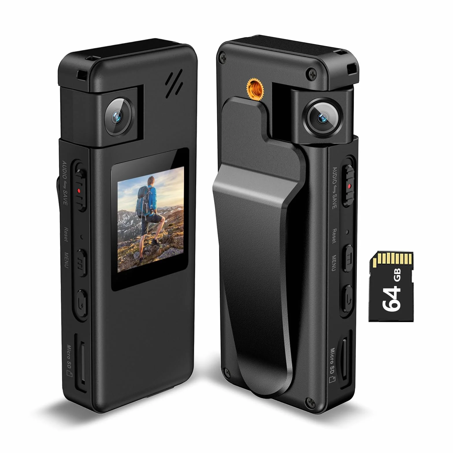 A32 64GB Telecamera Portatile, 1080P, Obiettivo Ruotabile 180°, con Rilevamento Movimento e Registrazione Audio, per Polizia e Ciclismo