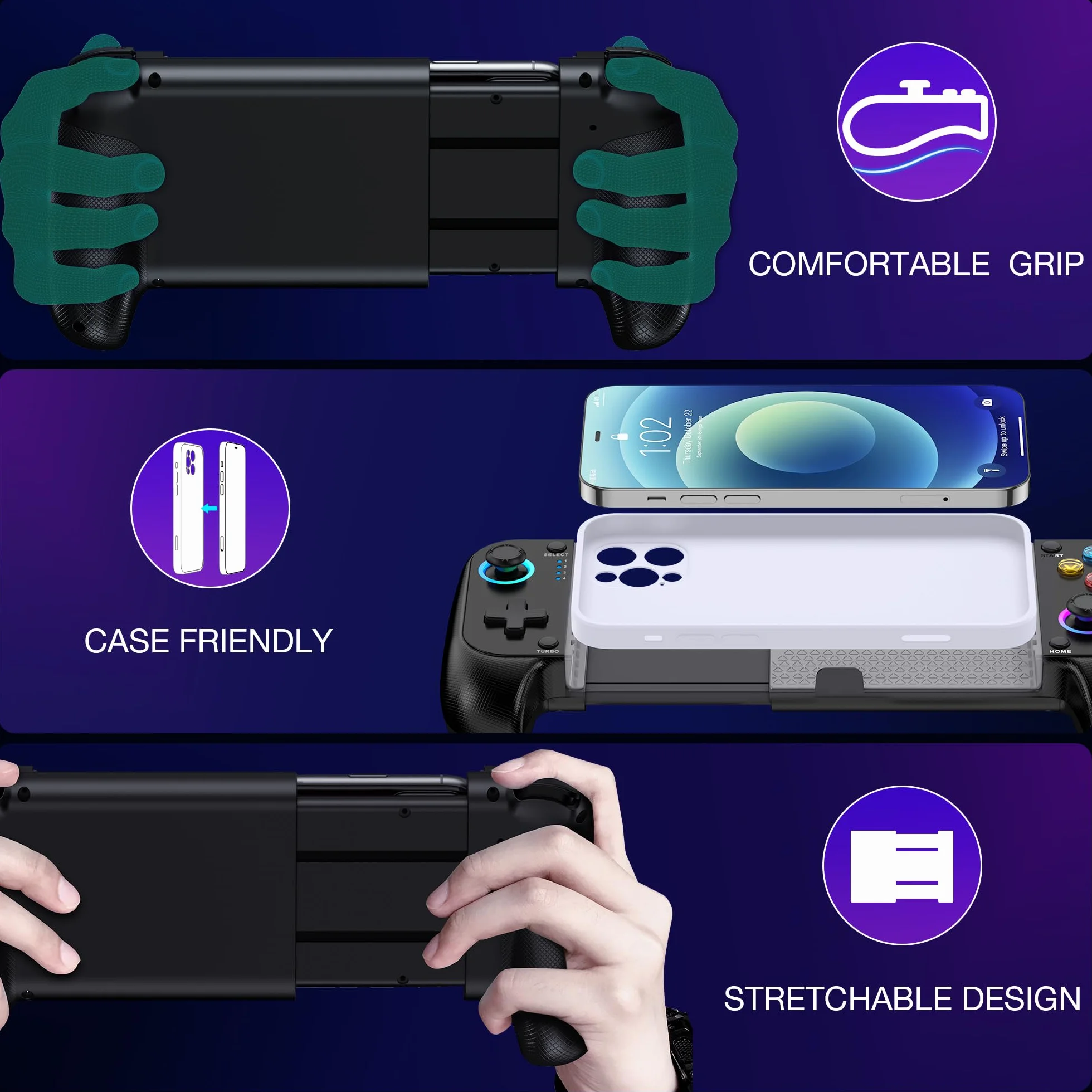 ALEEMTRY Controller di gioco mobile Bluetooth per iPhone/Android/Tables, gamepad wireless per Xbox/Steam/GeForce Now/MFi Apple Arcade/Roblox, controller del telefono con effetto Hall/Joystick/RGB