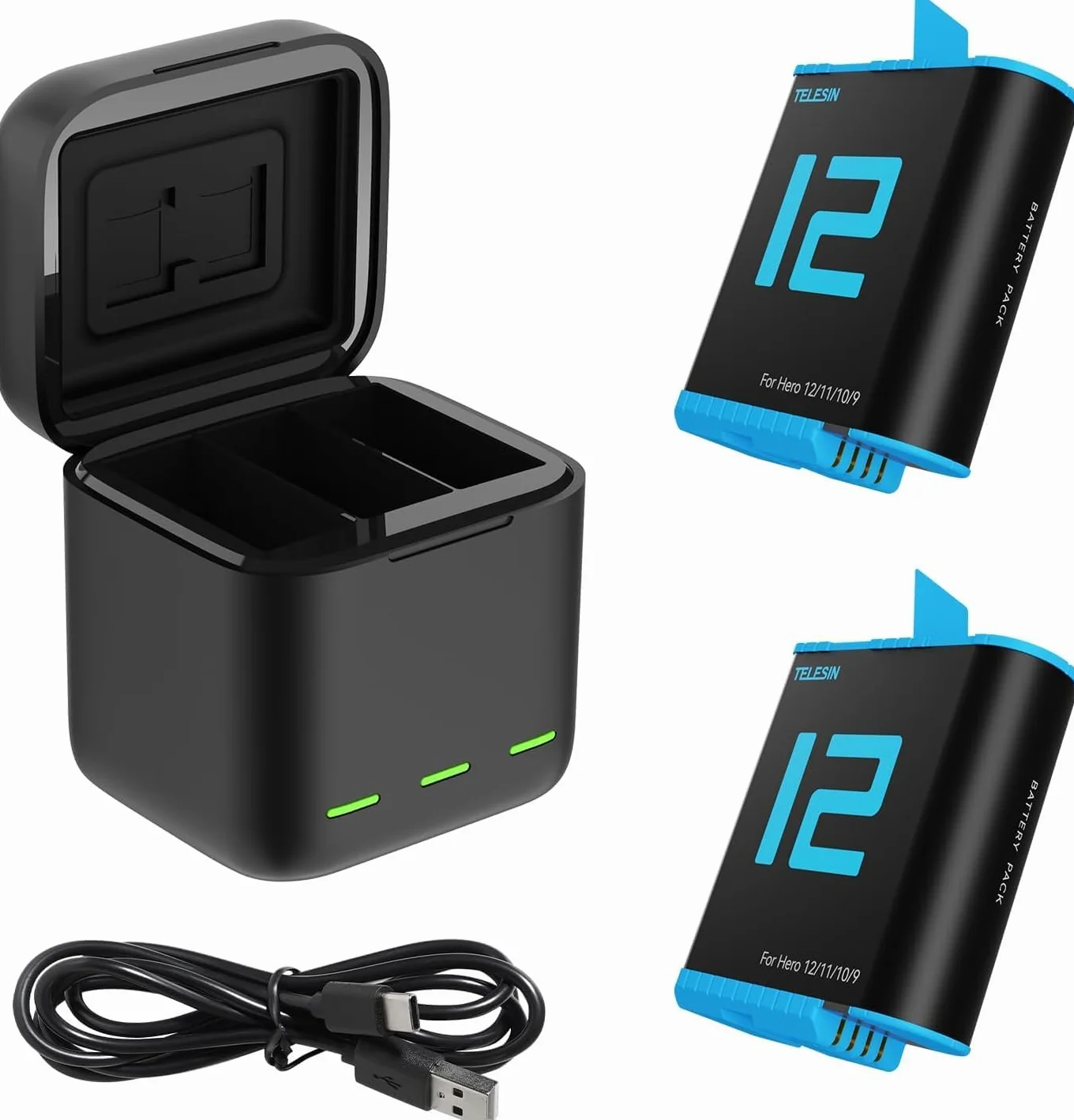 TELESIN Caricabatteria e scatola di immagazzinaggio di batteria tripla a 3 canali con 2 batterie ricaricabili agli ioni di litio per GoPro Hero 12 Hero 11 Hero 10/9 (S0-BCG-04-TGP)