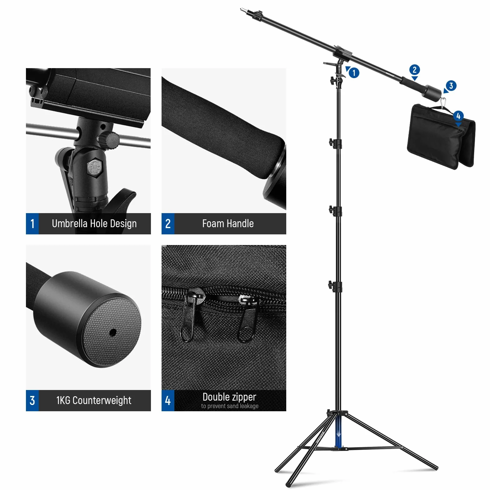 NEEWER Supporto per Luci in Alluminio, Supporto Fotografico Regolabile 9,8 Piedi/3 Metri, Braccio a Braccio, Contrappeso, ecc, Vite 1/4" per Softbox, Luce Studio, Flash, Ombrello, Max:5kg