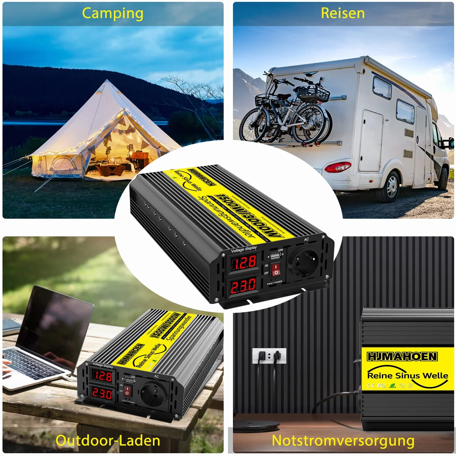 1500W/3000W Pura Sinusoidale Inverter a Onda Sinusoidale Pura da 12V a 230V Convertitore di Tensione a Onda Sinusoidale Pura, per Camper, Camion, Con Porte di Ricarica USB Integrate 5V/2.1A