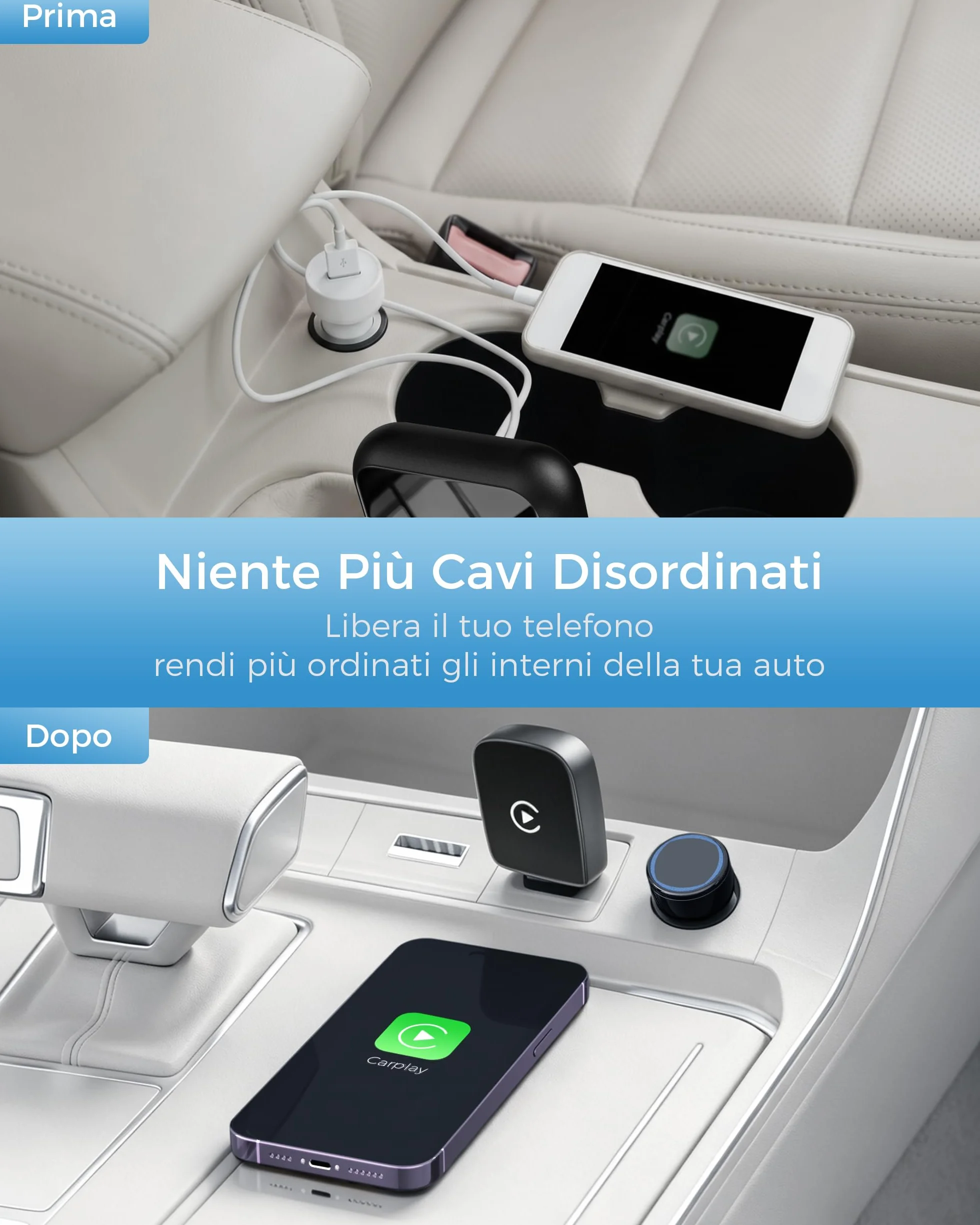 Adattatore CarPlay Wireless Dual Core Wi-Fi 5.8 GHz Bluetooth V5.3 per Apple iPhone iOS 10+ Veicoli CarPlay Cablata 2016