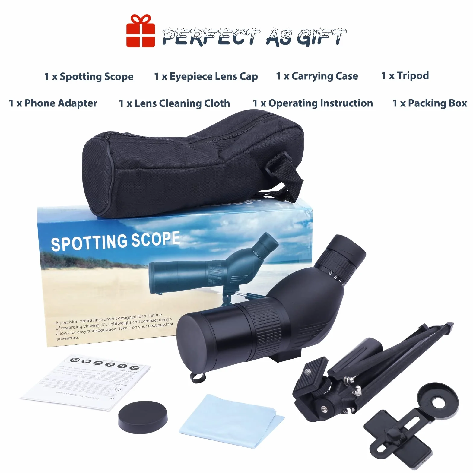 Cannocchiale con Treppiede, Borsa per il Trasporto e Adattatore per Smartphone, FMC Ottica Bak4 Prisma Telescopio Spotting Scope con Smartphone Adapter per Tiro a Segno Birdwatching Caccia (black)