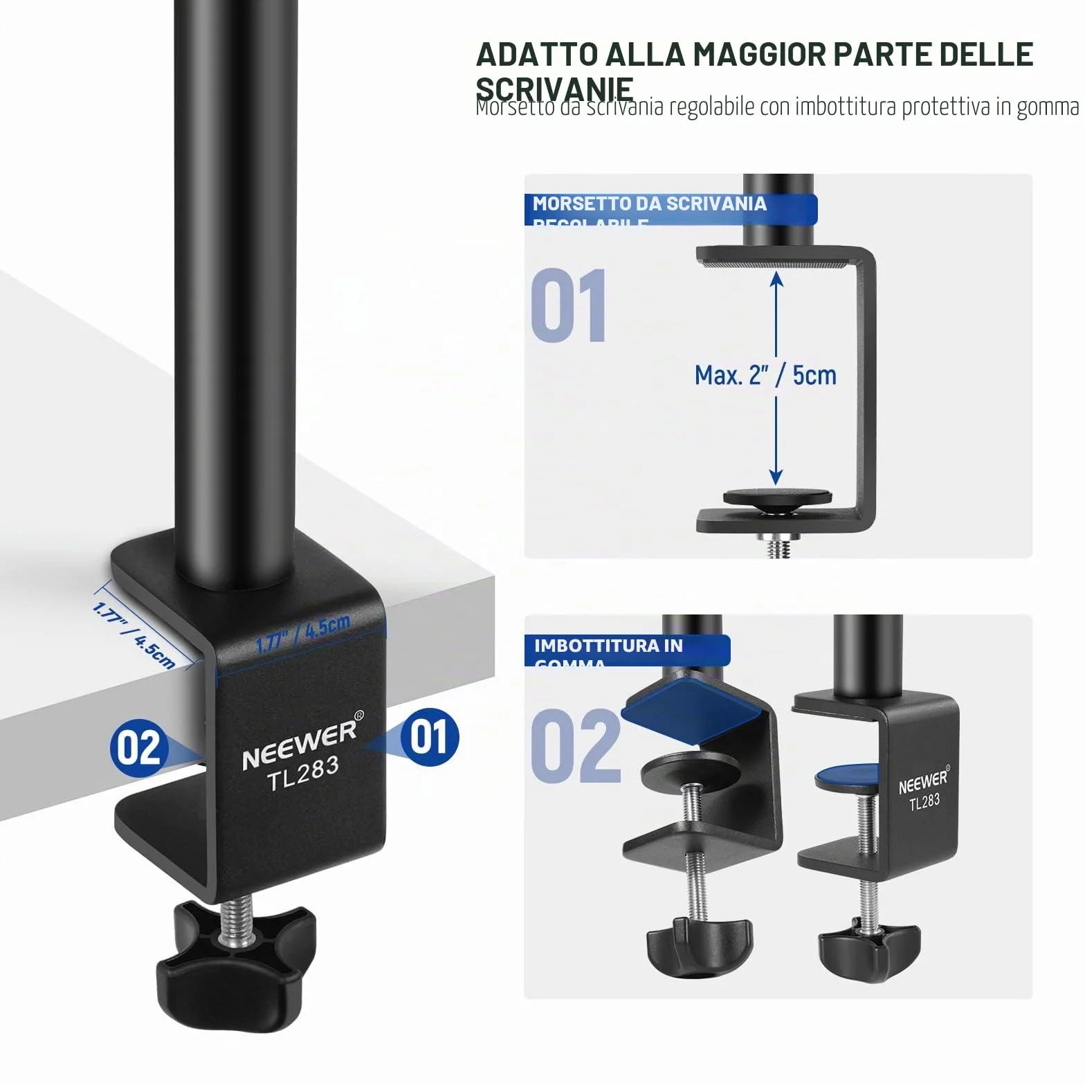 NEEWER Stand Estensibile da Tavolo con 1/4” Testa a Sfera, 43-102cm Regolabile Cavalletto con 1/4” Vite Adattatore & Morsetto-C per Reflex Digitali Luci Anulari Streaming Vlog, Massima Portata 3kg
