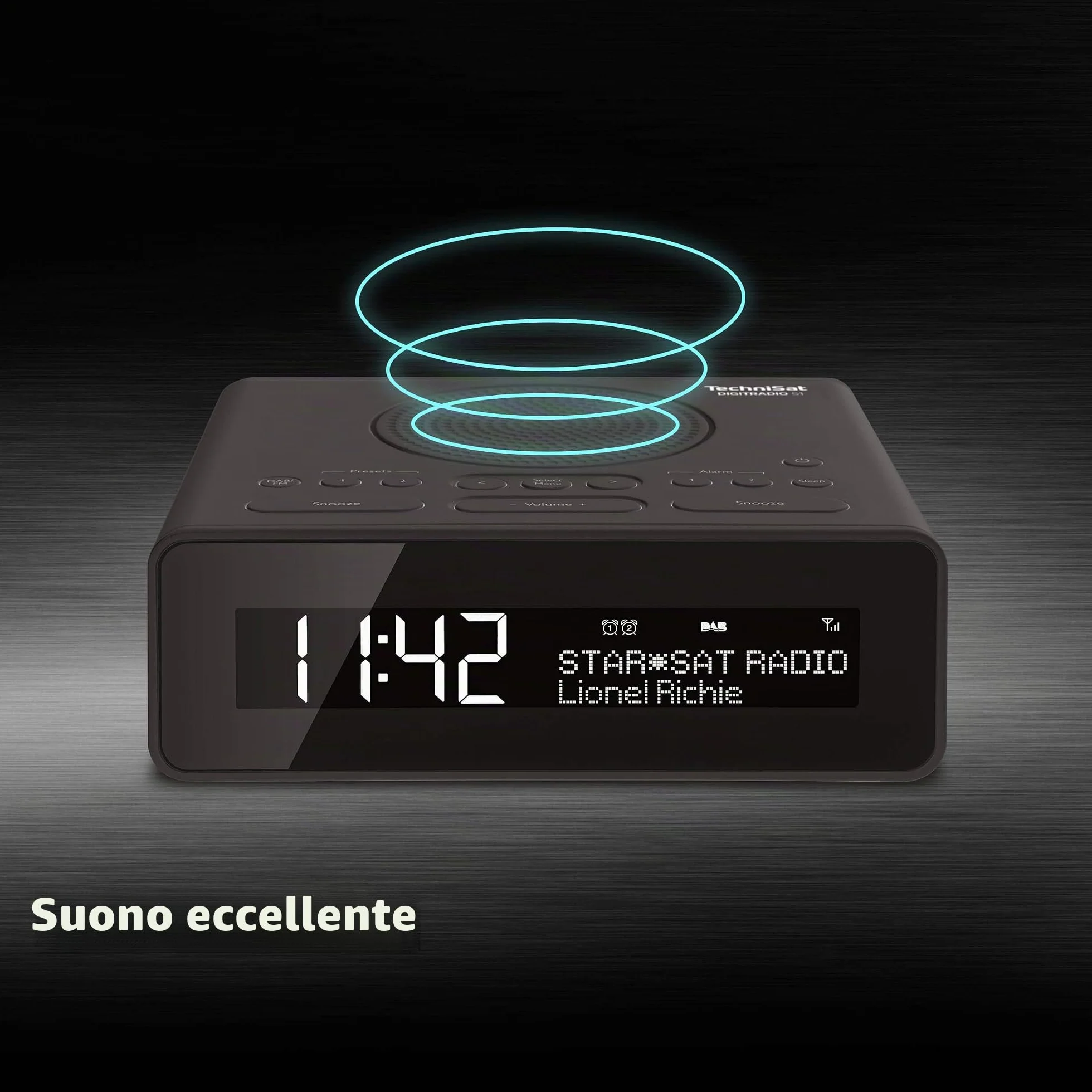 TechniSat DIGITRADIO 51 - Radiosveglia DAB+ (DAB, FM, Due orari di sveglia, Funzione posponi, Timer di spegnimento, Display dimmerabile, Ingresso per cuffie), Nero