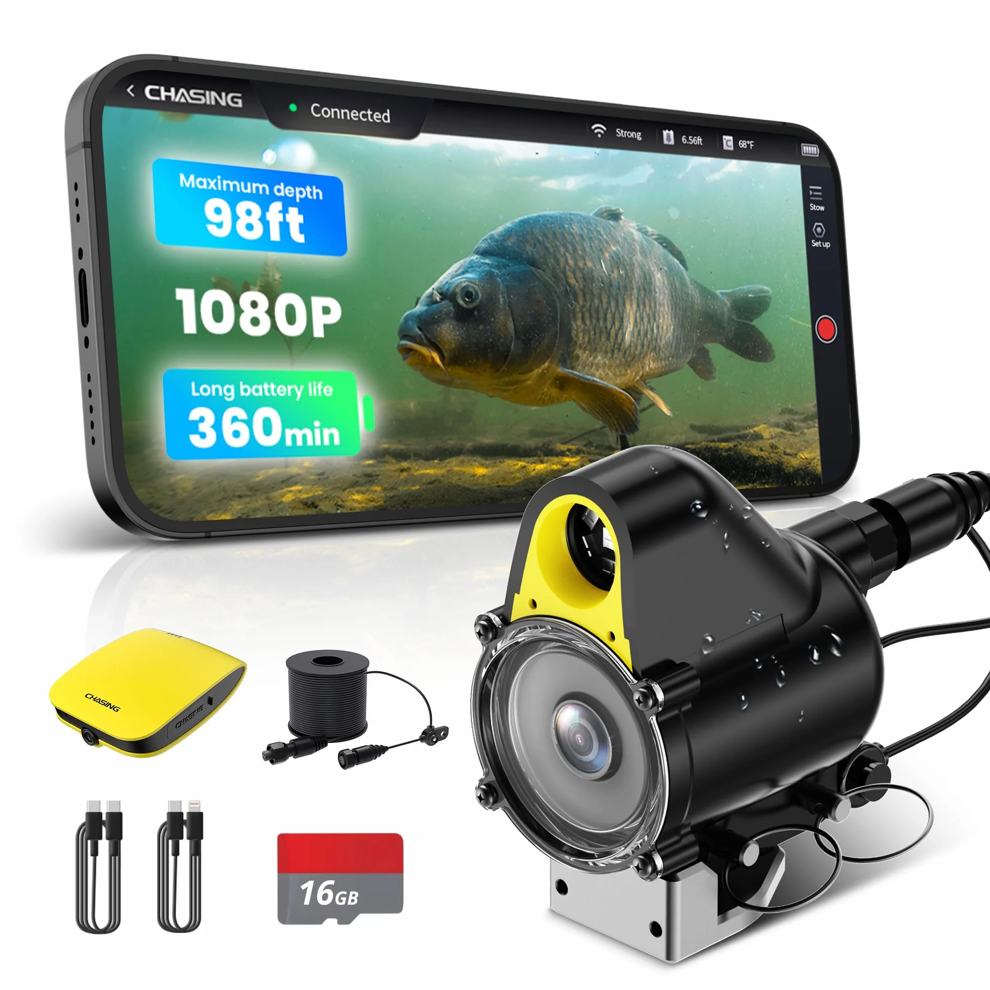Chasing Canfish CF1 - Kit fotocamera per pesca subacquea, video portatile Full HD 1080p, controllo remoto tramite app, osservazione in tempo reale, fotocamera da pesca